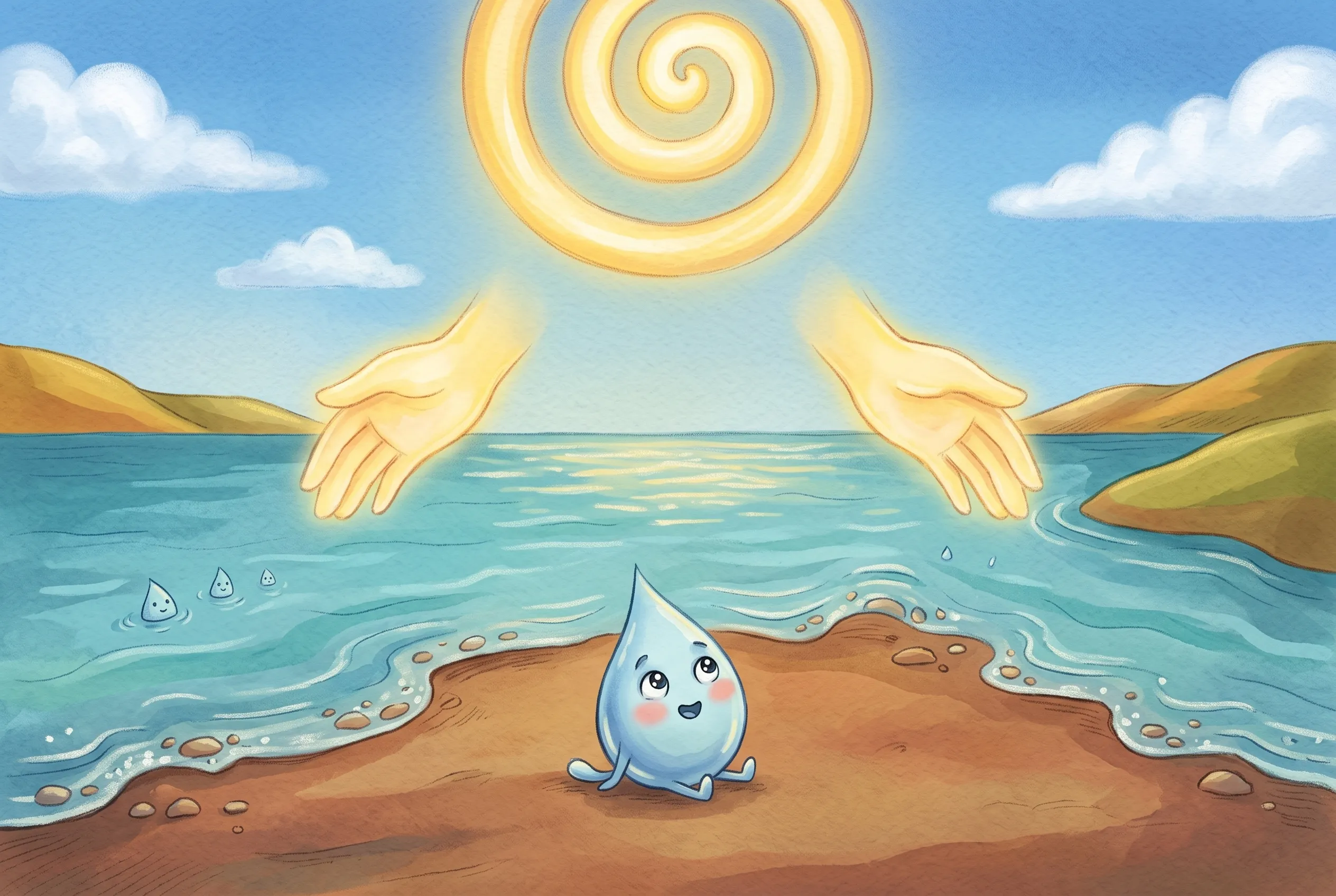 Illustration zu „Himmel, Meer und grünes Land“: Das Wasser zieht sich zurück wie aus einer Badewanne, und ein Stück braunes Land taucht auf; vorne sitzt ein kleiner Wassertropfen mit Gesicht und staunt.
