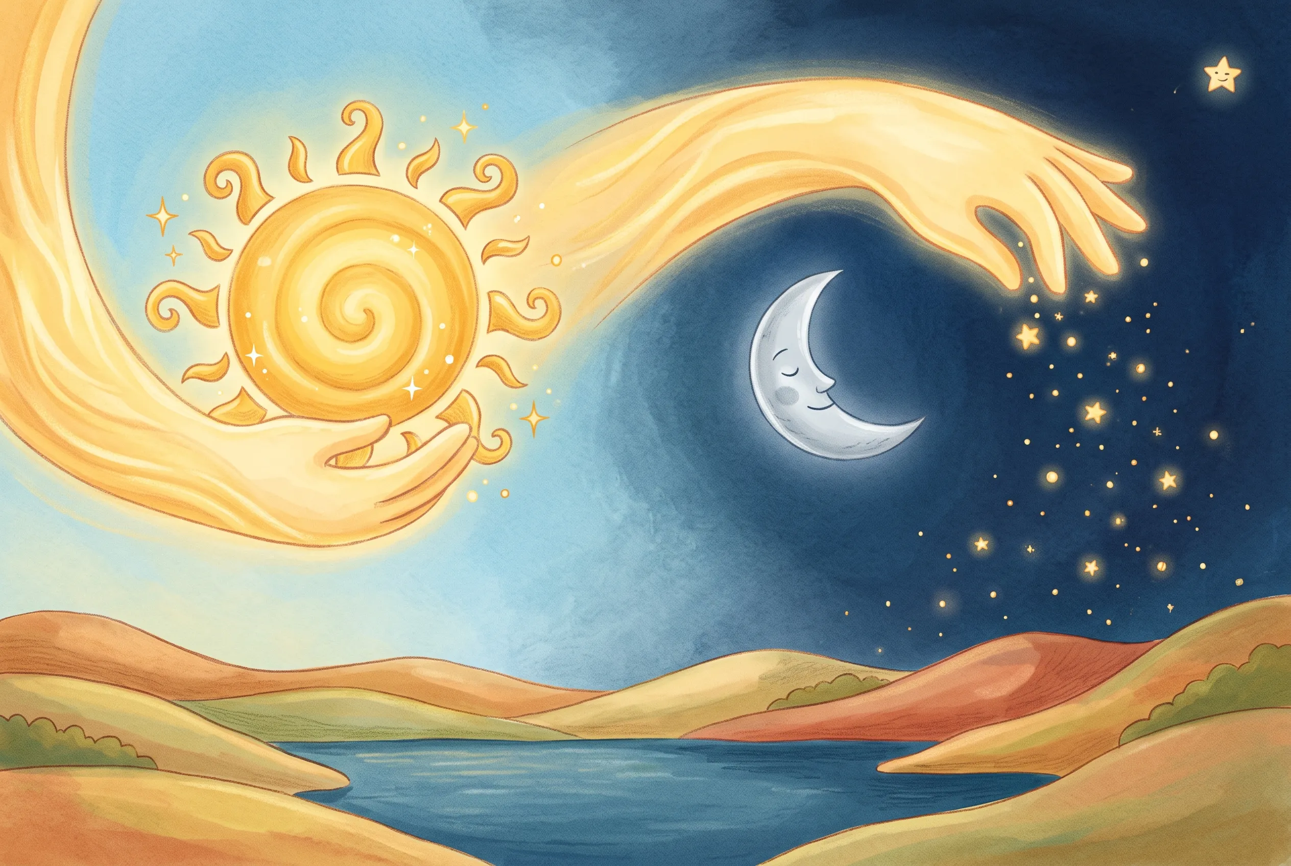 Illustration zu „Sonne, Mond und tausend Sterne“: Gott wirft mit Schwung eine goldene Sonne in den Himmel, auf der anderen Seite streut er Sterne wie Zucker; ganz am Rand blinzelt ein winziger Stern.