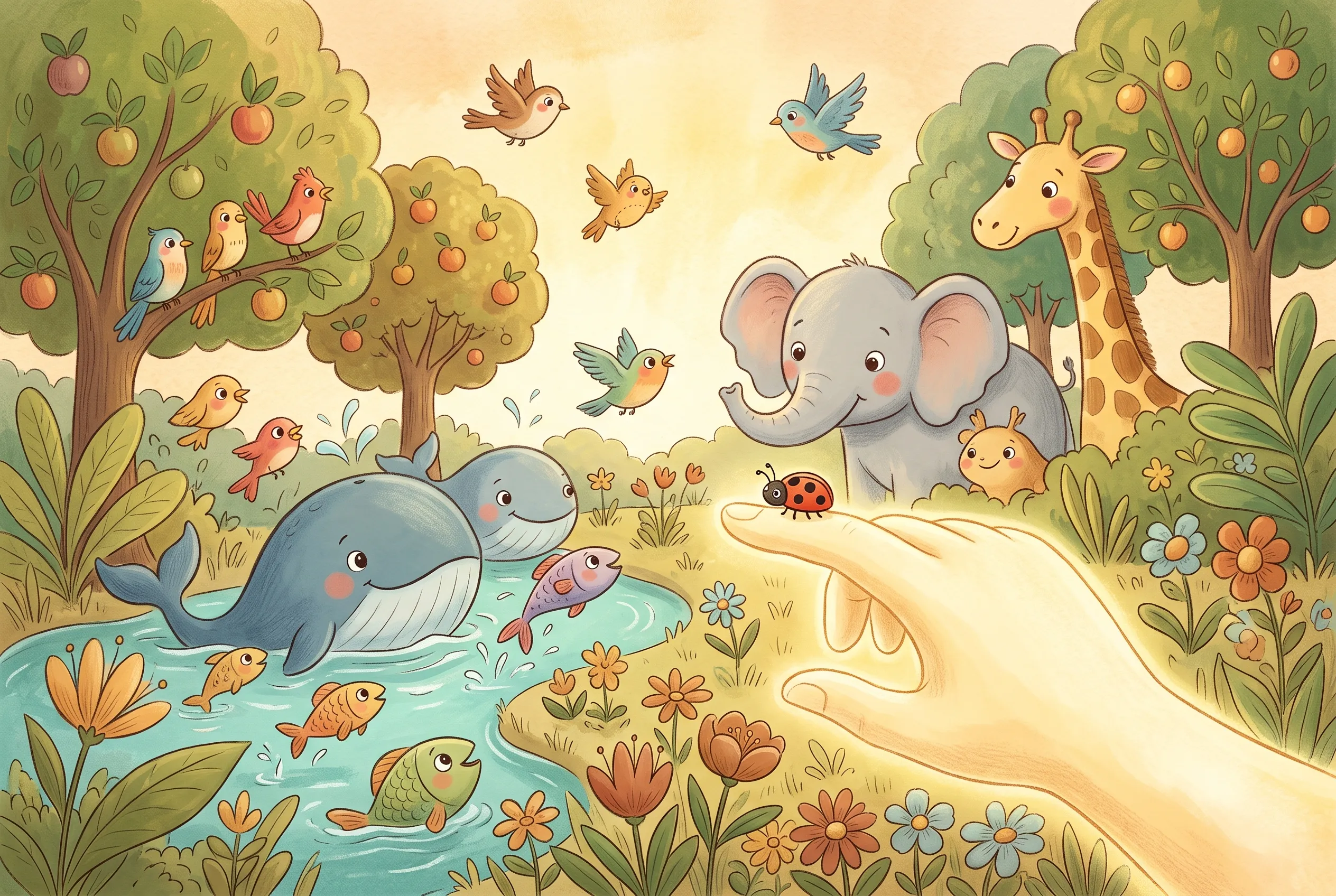 Illustration zu „Fische, Vögel und alle Tiere“: Ein buntes Gewimmel aus Walen, Vögeln, Elefant und Giraffe; im Vordergrund Gottes große Hand, auf deren Fingerspitze ein Marienkäfer sitzt.