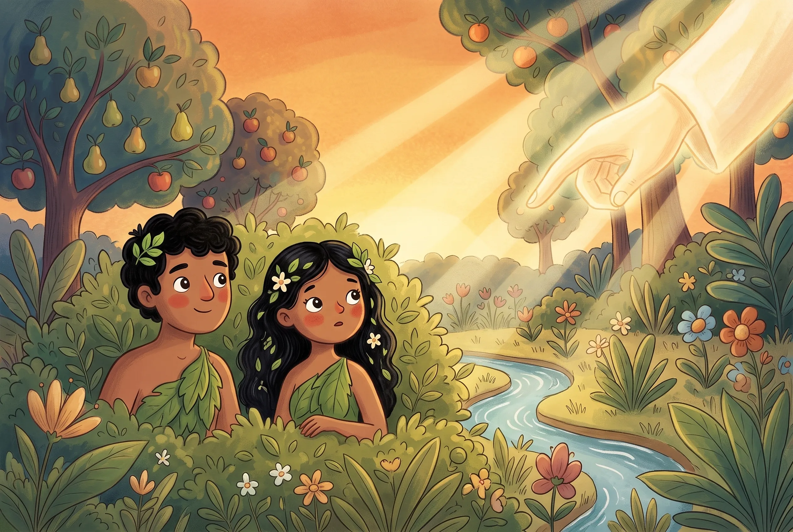 Illustration zu „„Wo bist du?“ – Gott sucht im Garten“: Adam und Eva lugen mit Blättern im Haar aus einem dichten Busch, im Abendlicht steht Gott und ruft.
