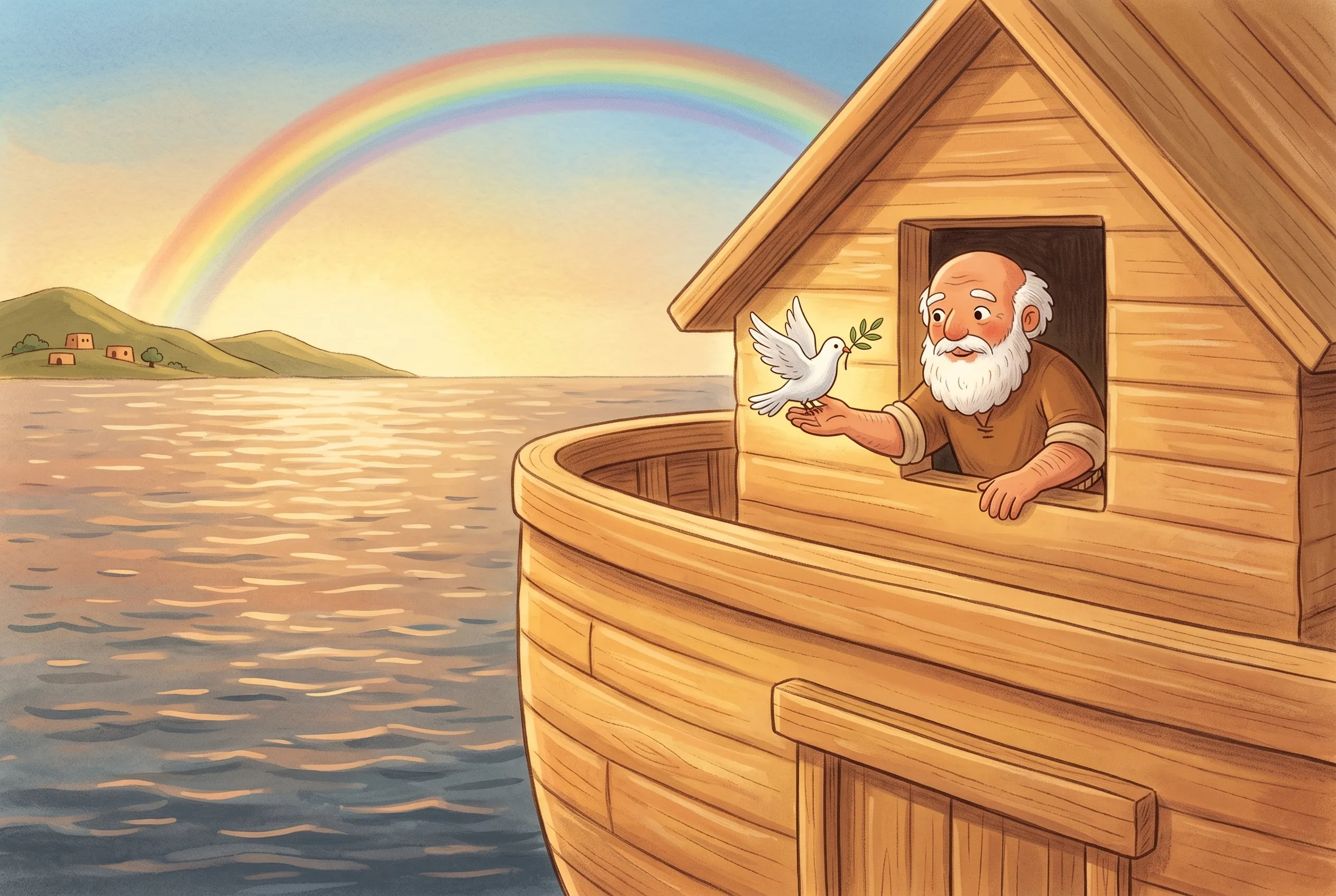 Illustration zu „Die Taube und der Regenbogen“: Die weiße Taube landet mit dem Olivenblatt auf Noahs ausgestreckter Hand am Fenster der Arche, Abendlicht über dem Wasser.