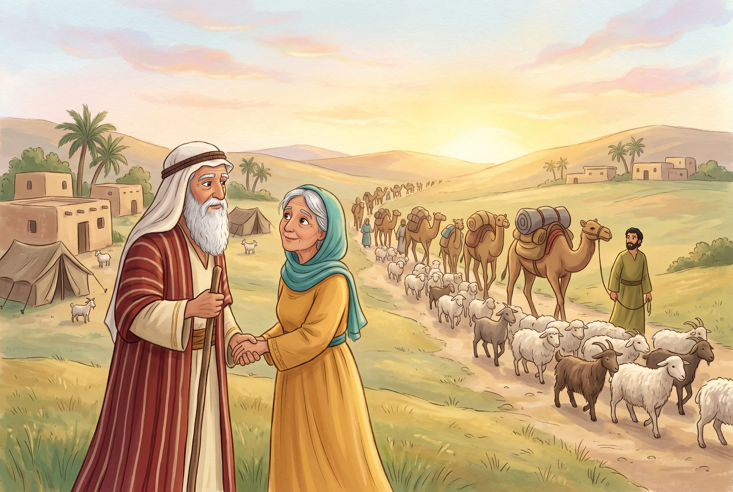 Illustration zu „Abraham packt seine Sachen“: Eine lange Karawane mit Kamelen, Schafen und Zelten zieht in den Morgen; Sara dreht sich noch einmal zu ihrem Haus um, Abraham hält ihre Hand.