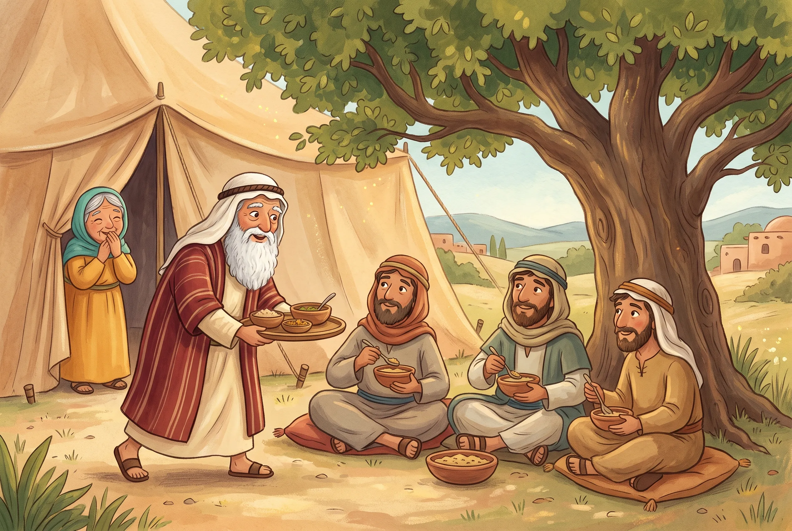 Illustration zu „Drei Gäste und Saras Lachen“: Drei staubige Gäste sitzen unter einem Baum beim Essen, Abraham serviert eifrig, und hinter dem Zeltvorhang hält sich Sara kichernd die Hand vor den Mund.