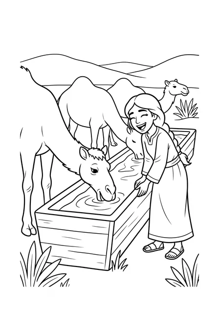 Ausmalbild zu „Rebekka gibt den Kamelen zu trinken“ (Vorschau)