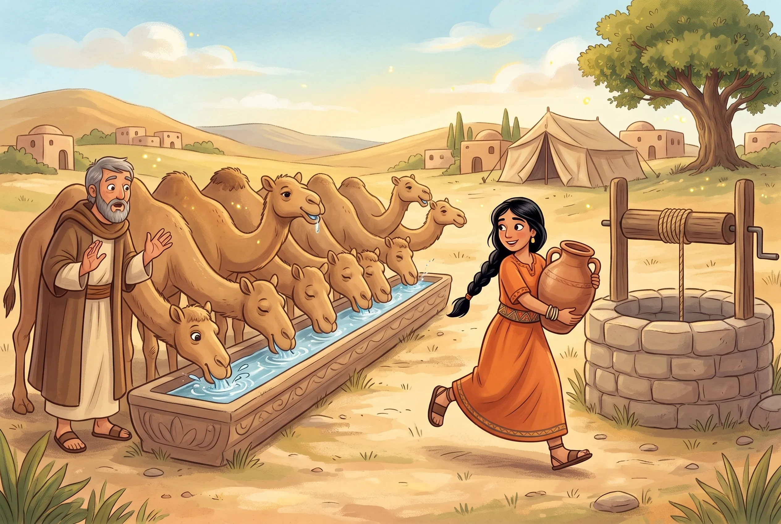 Illustration zu „Rebekka gibt den Kamelen zu trinken“: Rebekka rennt mit einem großen Krug zwischen Brunnen und Trog hin und her, zehn Kamele schlürfen in einer Reihe, der staunende Knecht daneben.