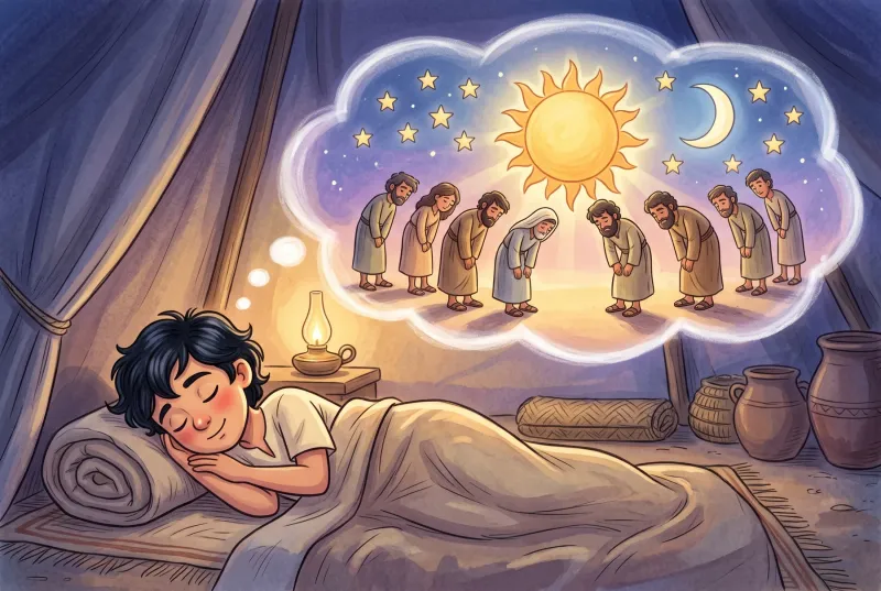 Szene 6: Josefs zweiter Traum: Sonne, Mond und elf Sterne verneigen sich am Nachthimmel vor dem schlafenden Josef.