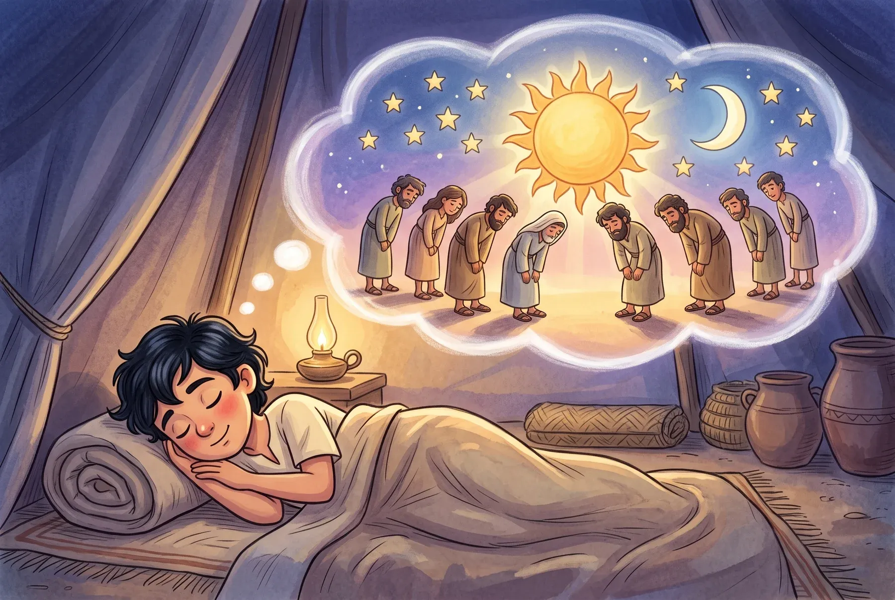 Szene 6: Josefs zweiter Traum: Sonne, Mond und elf Sterne verneigen sich am Nachthimmel vor dem schlafenden Josef.