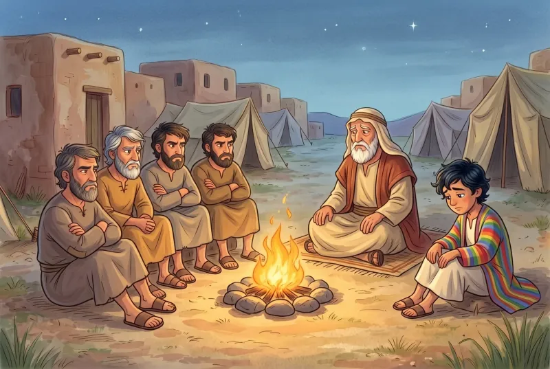 Szene 7: Abends am Feuer ist es still: Die Brüder sitzen auf der einen Seite, Josef allein im bunten Mantel auf der anderen, Vater Jakob schaut traurig über das Feuer.