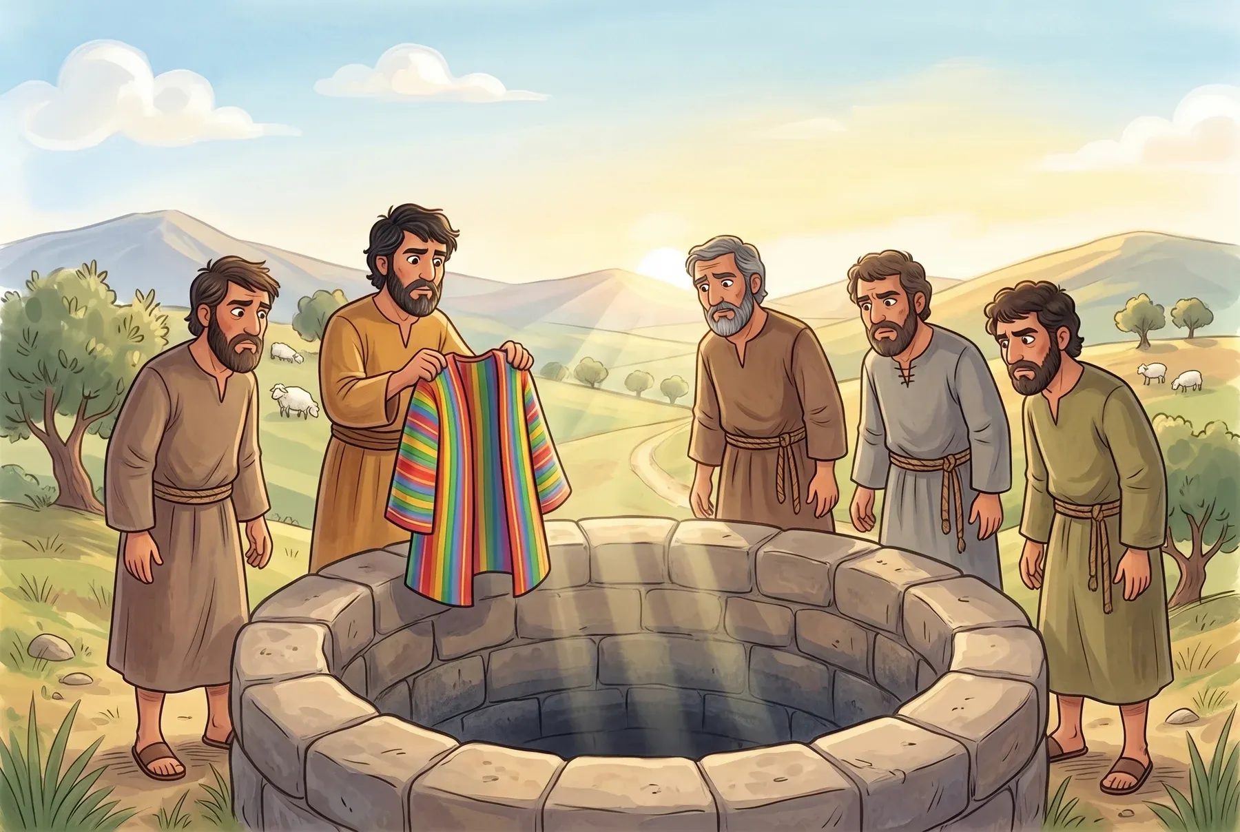 Szene 4: Die Brüder stehen am Rand eines alten, gemauerten Brunnens; einer hält den bunten Mantel in der Hand.