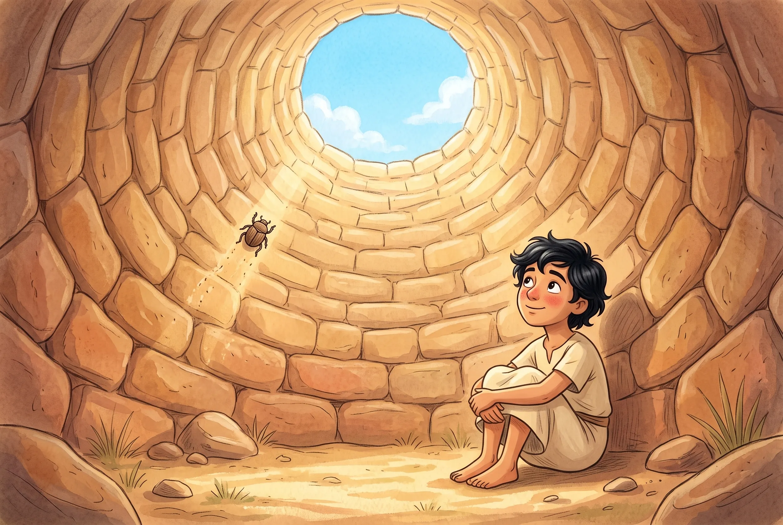Illustration zu „Josef im tiefen Brunnen“: Blick von unten aus dem Brunnen: Josef sitzt zusammengekauert auf dem Boden, weit oben ein kleiner runder Himmel, an der Wand krabbelt ein Käfer ins Licht.