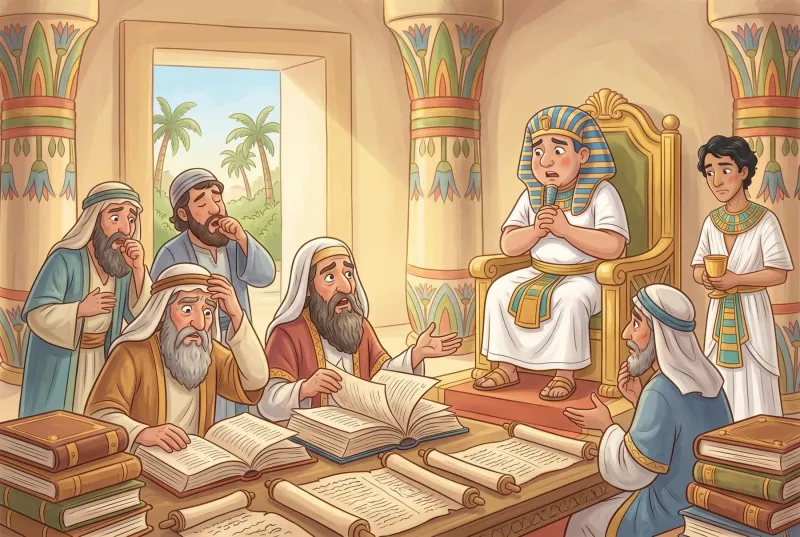 Szene 4: Weise Männer mit langen Bärten blättern ratlos in dicken Büchern und kratzen sich am Kopf; der Pharao sitzt sorgenvoll auf dem Thron.