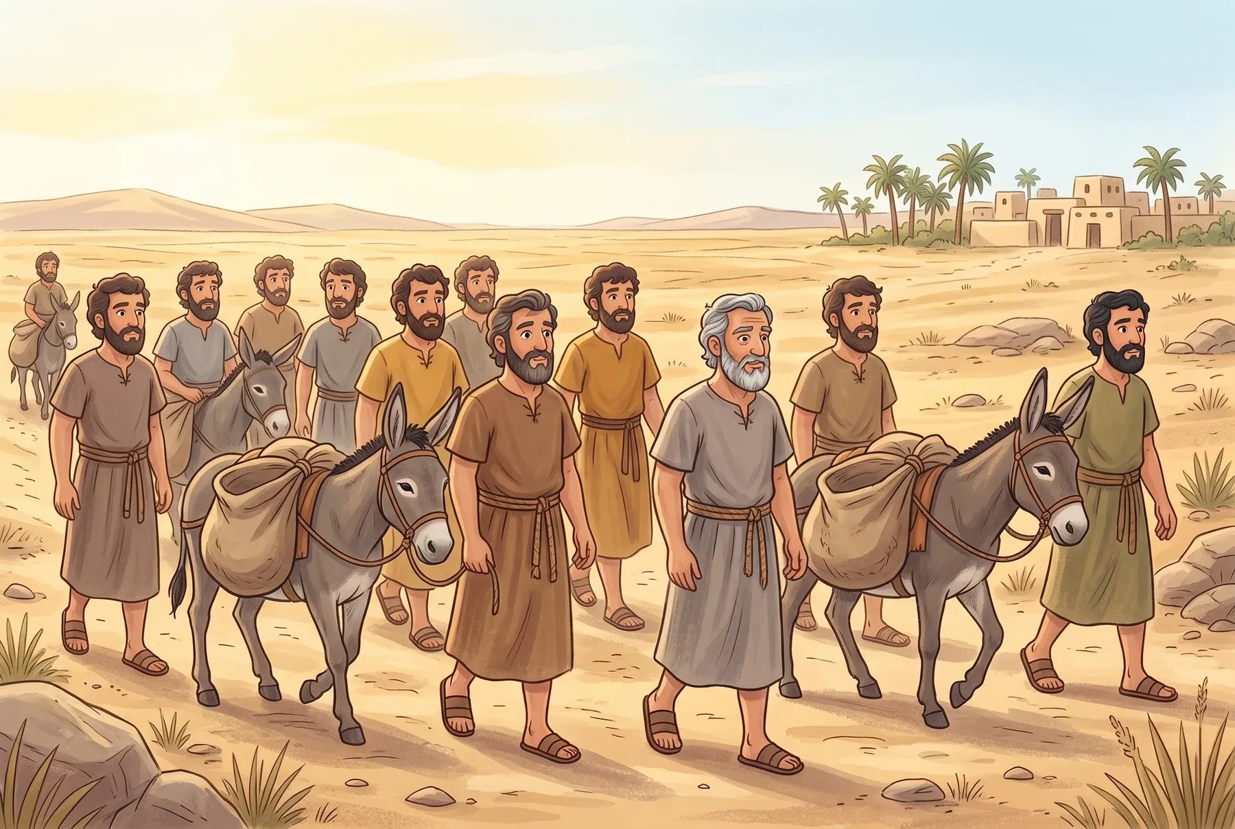 Szene 2: Die Brüder ziehen mit Eseln und leeren Säcken durch die trockene Landschaft nach Ägypten.
