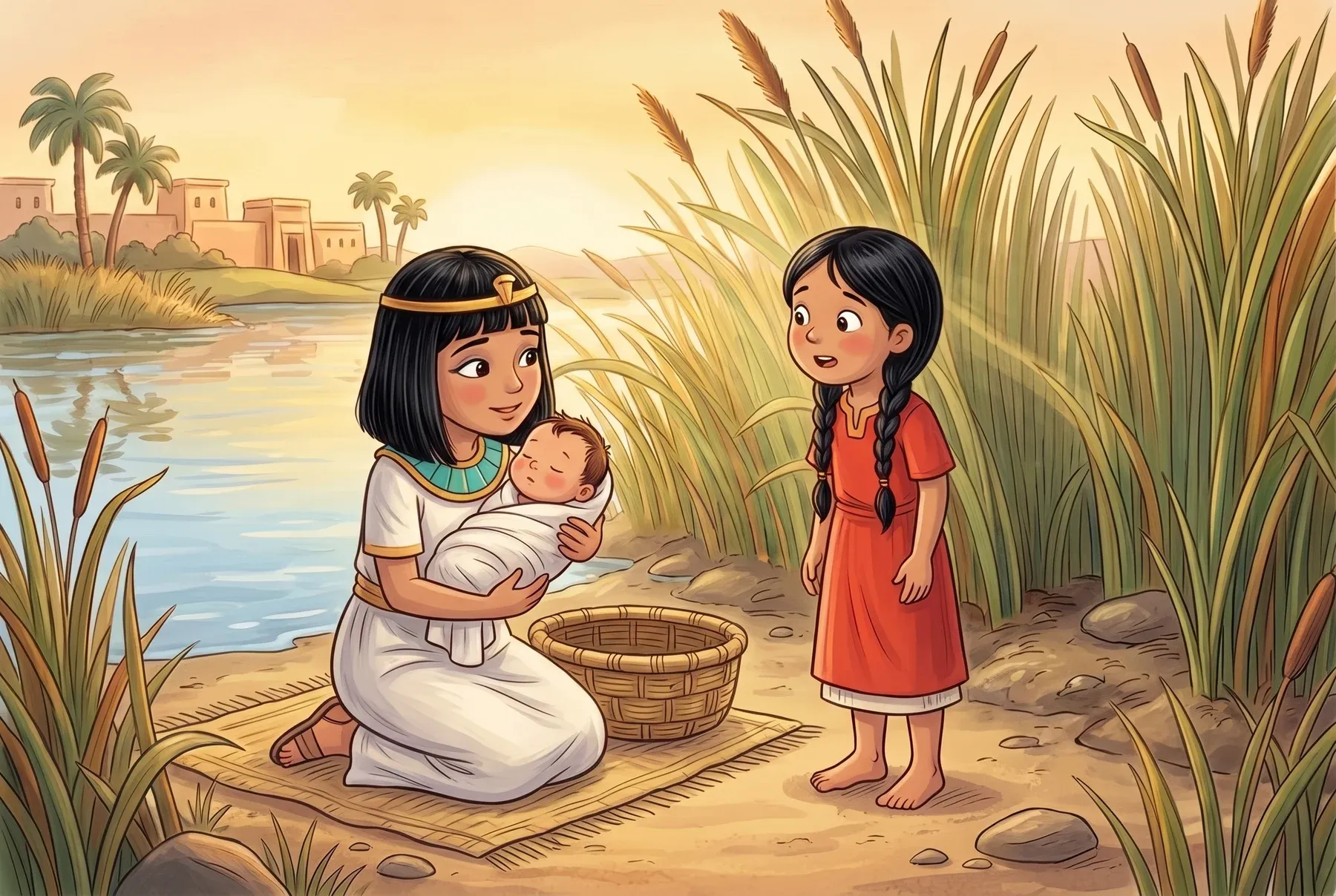 Szene 5: Mirjam steht mutig vor der Prinzessin, die das Baby zärtlich im Arm hält.