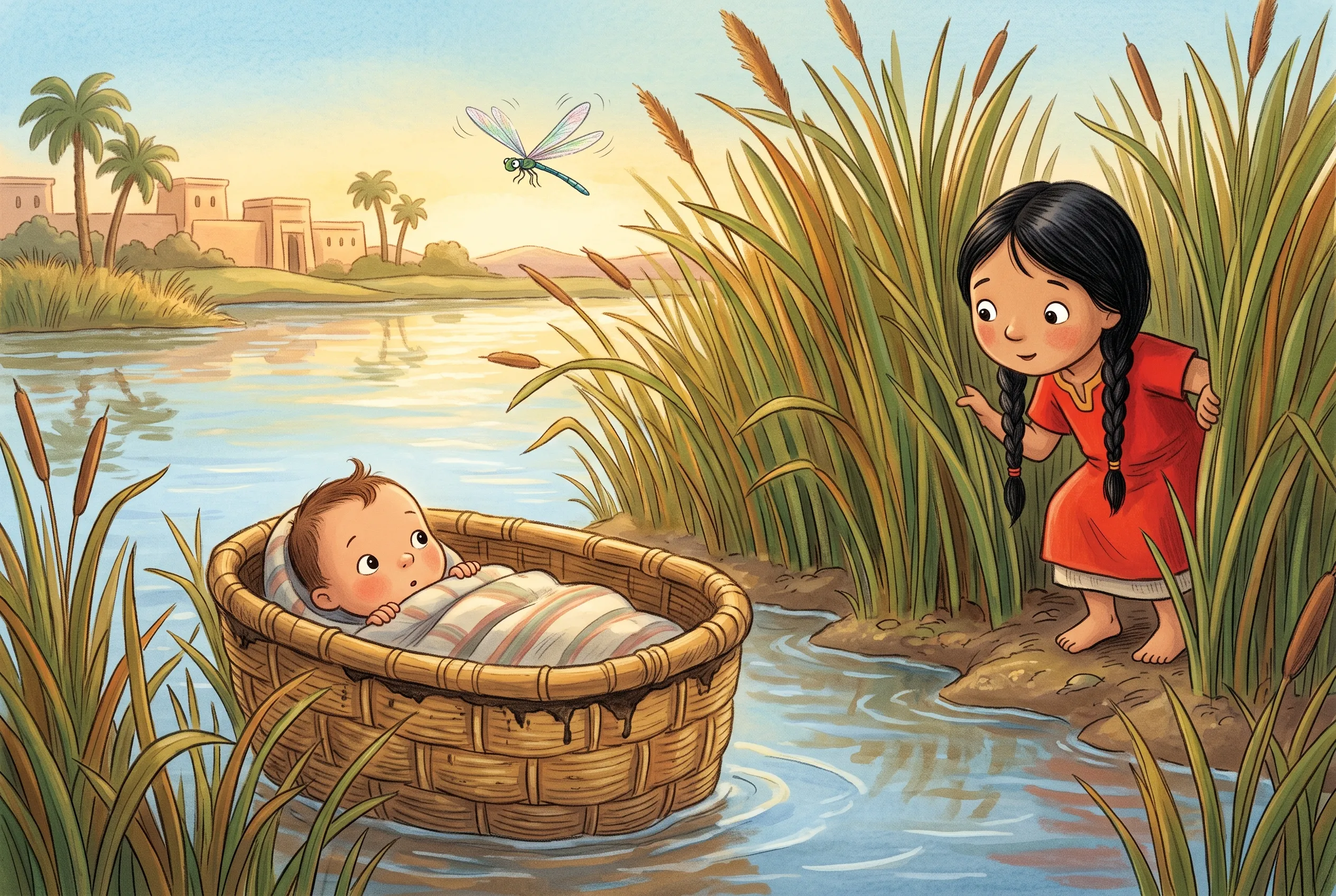 Illustration zu „Ein Baby im Körbchen“: Ein geflochtenes Körbchen liegt im dichten Schilf am Nil, im Hintergrund versteckt sich Mirjam mit ihren Zöpfen und späht hervor, eine Libelle schwirrt.