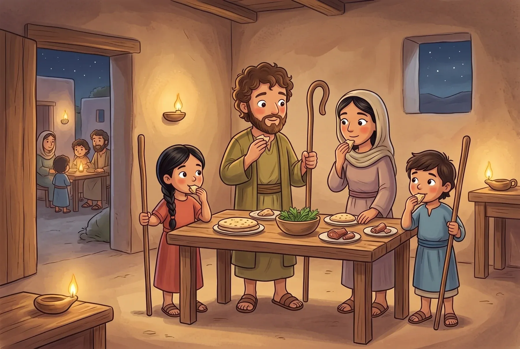 Szene 5: Nachts in einem Haus: Eine Familie isst im Stehen an einem Tisch, alle haben Sandalen an und Wanderstäbe in der Hand.