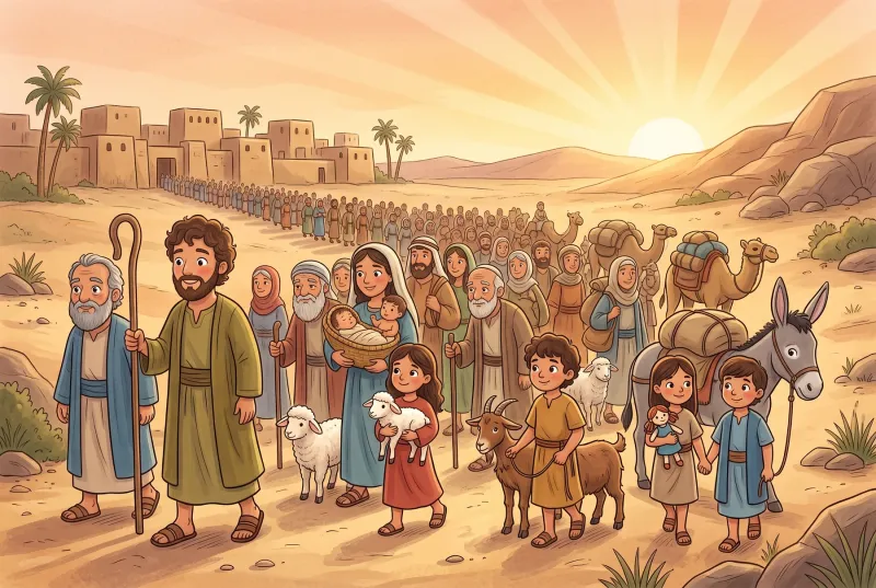 Szene 6: Im Morgenlicht zieht ein langer Zug von Menschen mit Kindern, Schafen und bepackten Eseln aus Ägypten hinaus, Mose geht vorneweg.