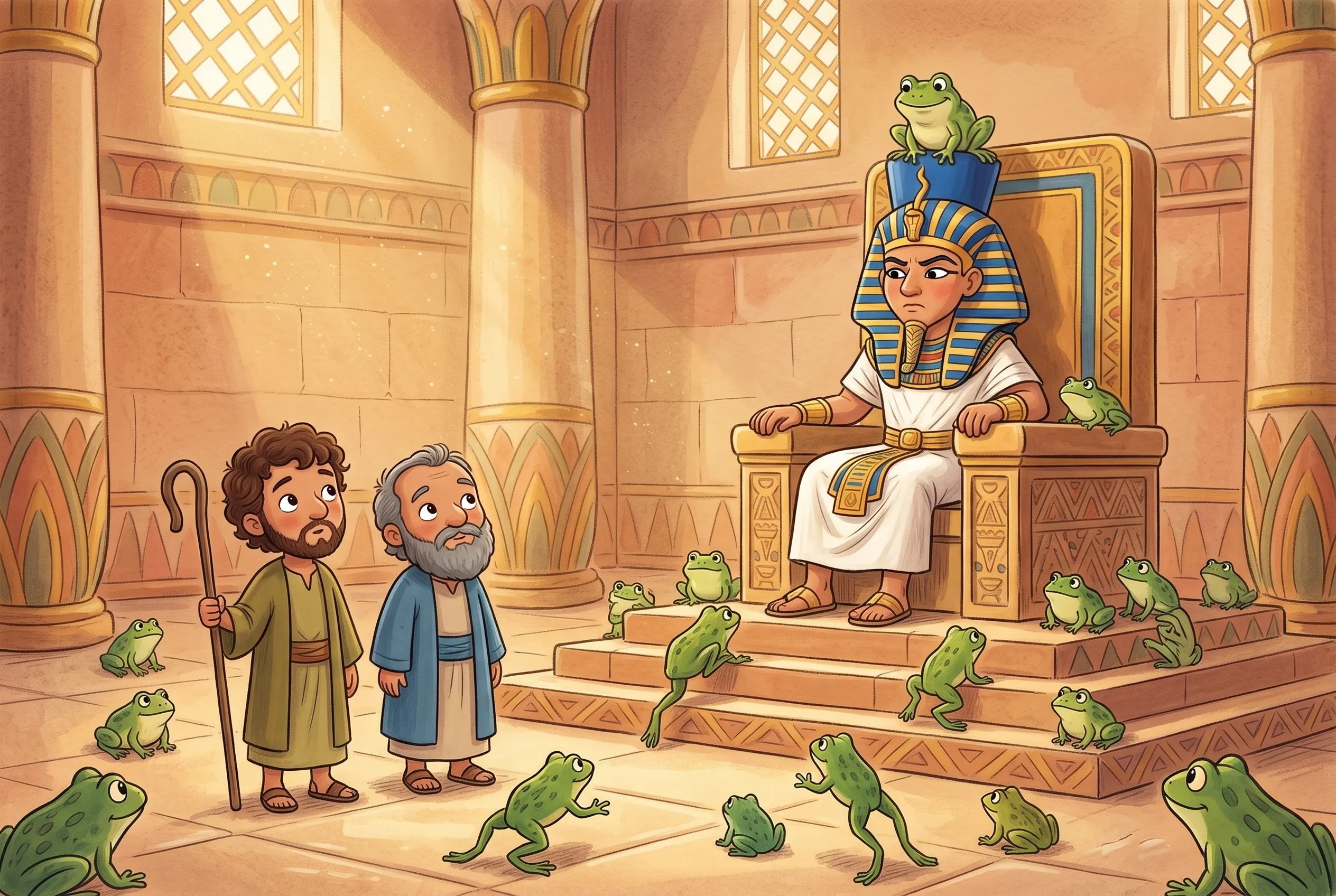 Illustration zu „„Lass mein Volk ziehen!““: Mose und Aaron stehen klein vor dem riesigen Thron des Pharao, dem ein Frosch auf der Krone sitzt; überall hüpfen Frösche durch den Palast.