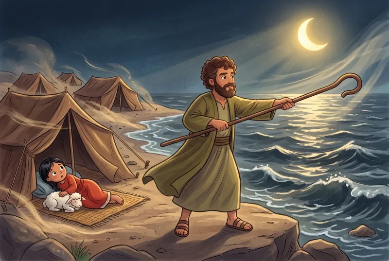 Szene 4: In der Nacht streckt Mose seinen Hirtenstab über das Meer, starker Wind zerrt an seinem Gewand und an den Zelten.