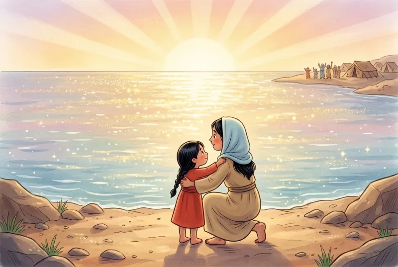 Szene 6: Am anderen Ufer nimmt die Mutter Tirza in den Arm, beide schauen zurück auf das ruhige, glitzernde Meer.