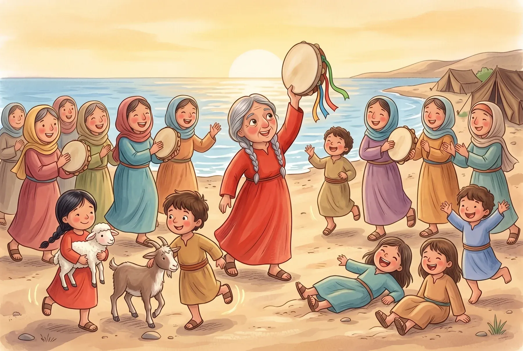 Szene 4: Frauen mit Tamburinen tanzen hinter Mirjam her, Kinder hüpfen lachend im Sand.