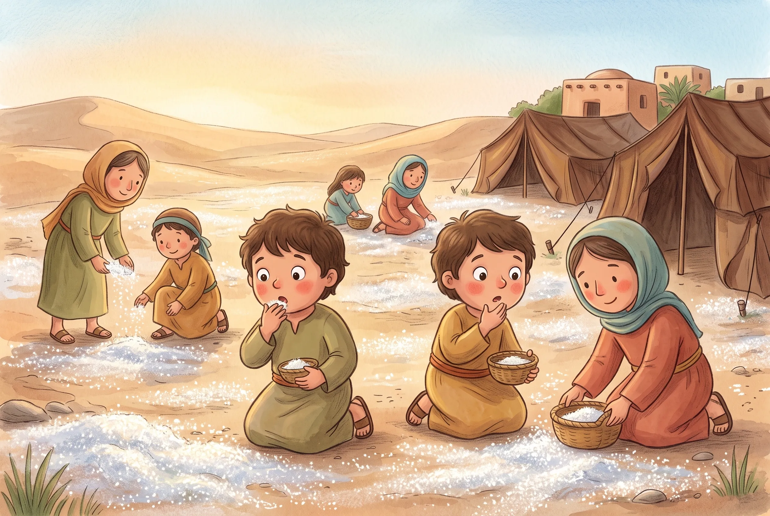 Illustration zu „Brot, das vom Himmel fällt“: Morgens vor den Zelten liegt überall feines weißes Manna wie Raureif, Kinder sammeln es in Körbchen, ein Junge kostet mit großen Augen.
