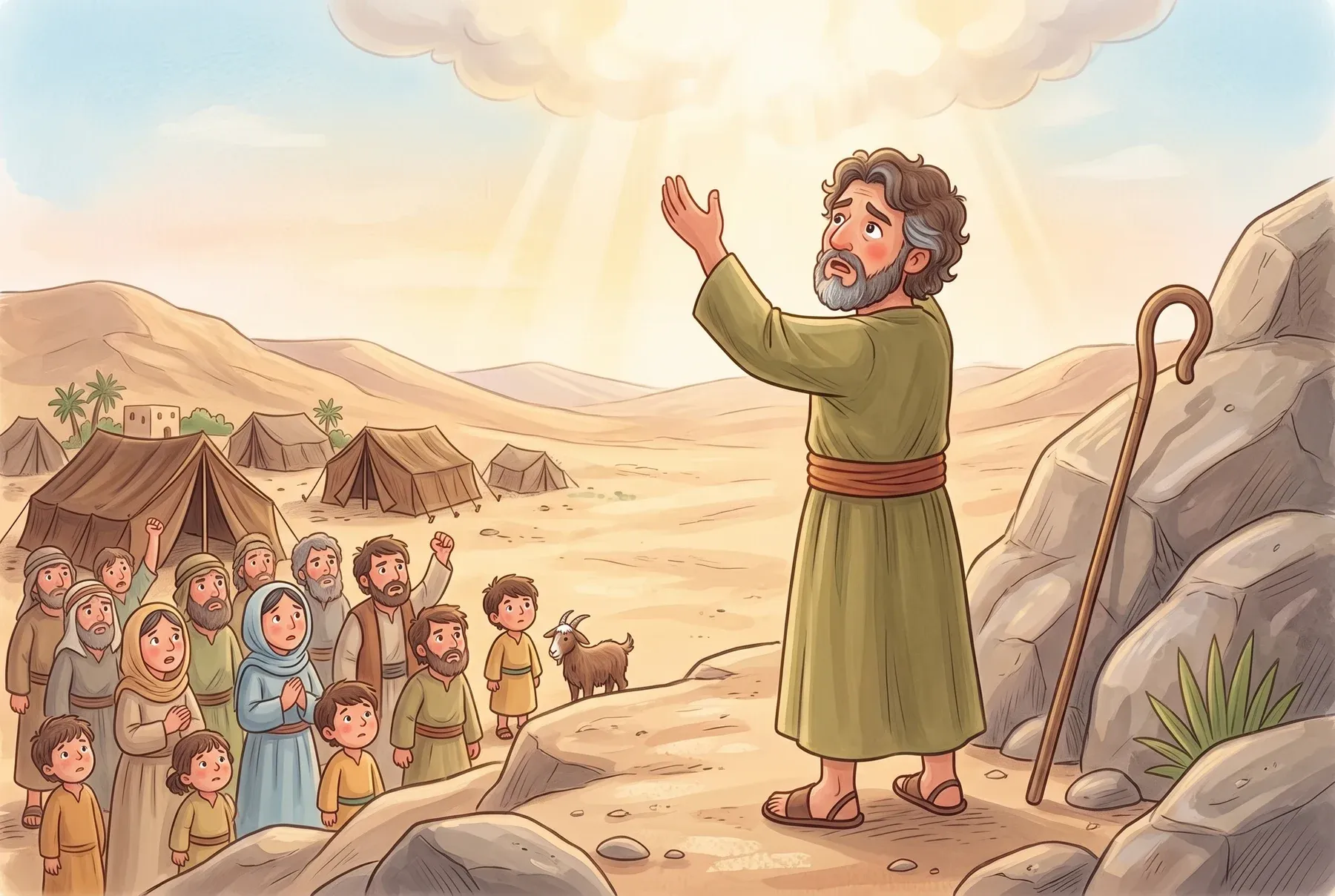 Szene 3: Mose steht abseits von den Leuten und hebt betend beide Hände zum Himmel; Rafael schaut aus der Ferne zu.