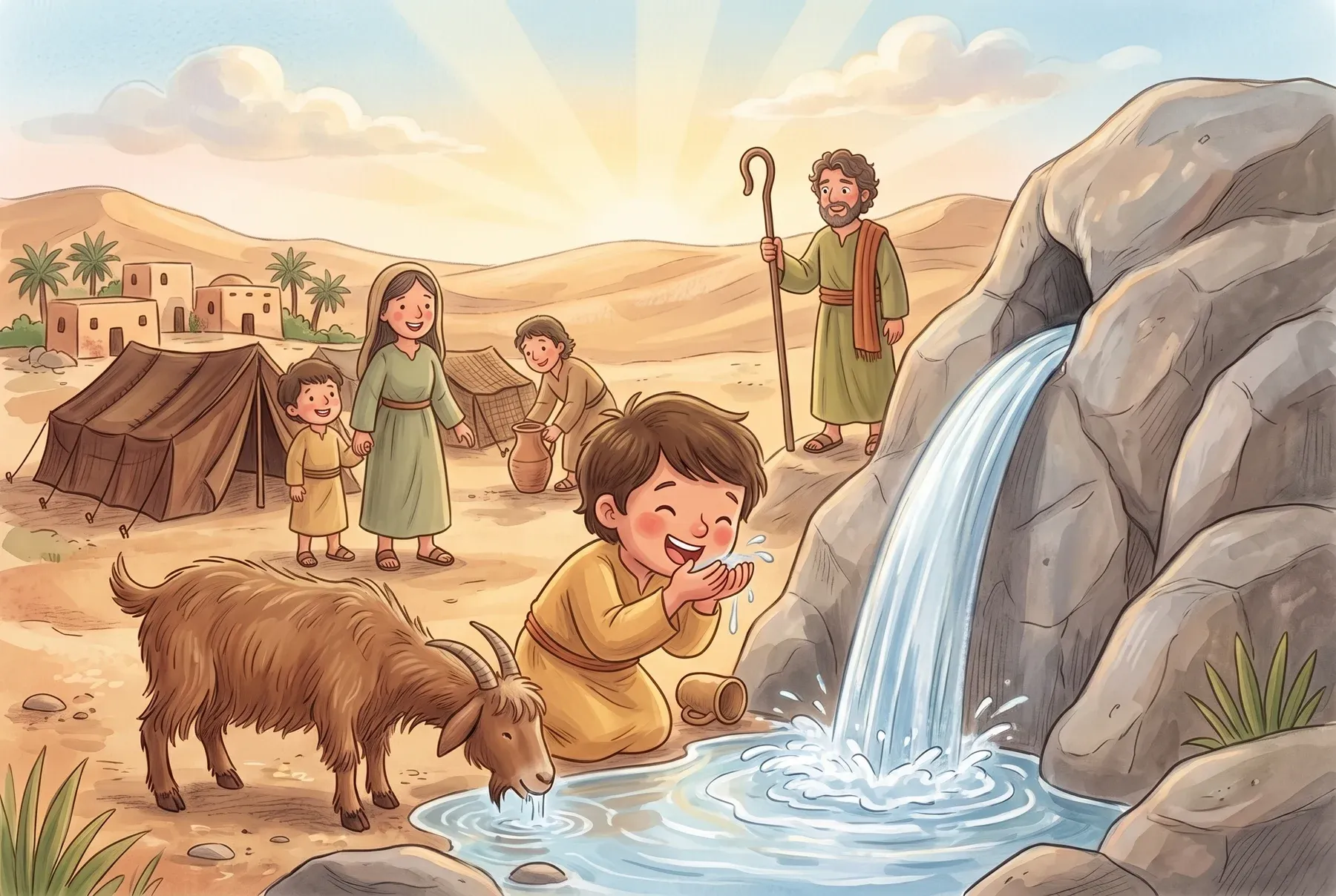 Szene 5: Klares Wasser sprudelt aus dem Felsen; Rafael kniet davor und trinkt lachend, die Ziege Mimi schlabbert daneben.