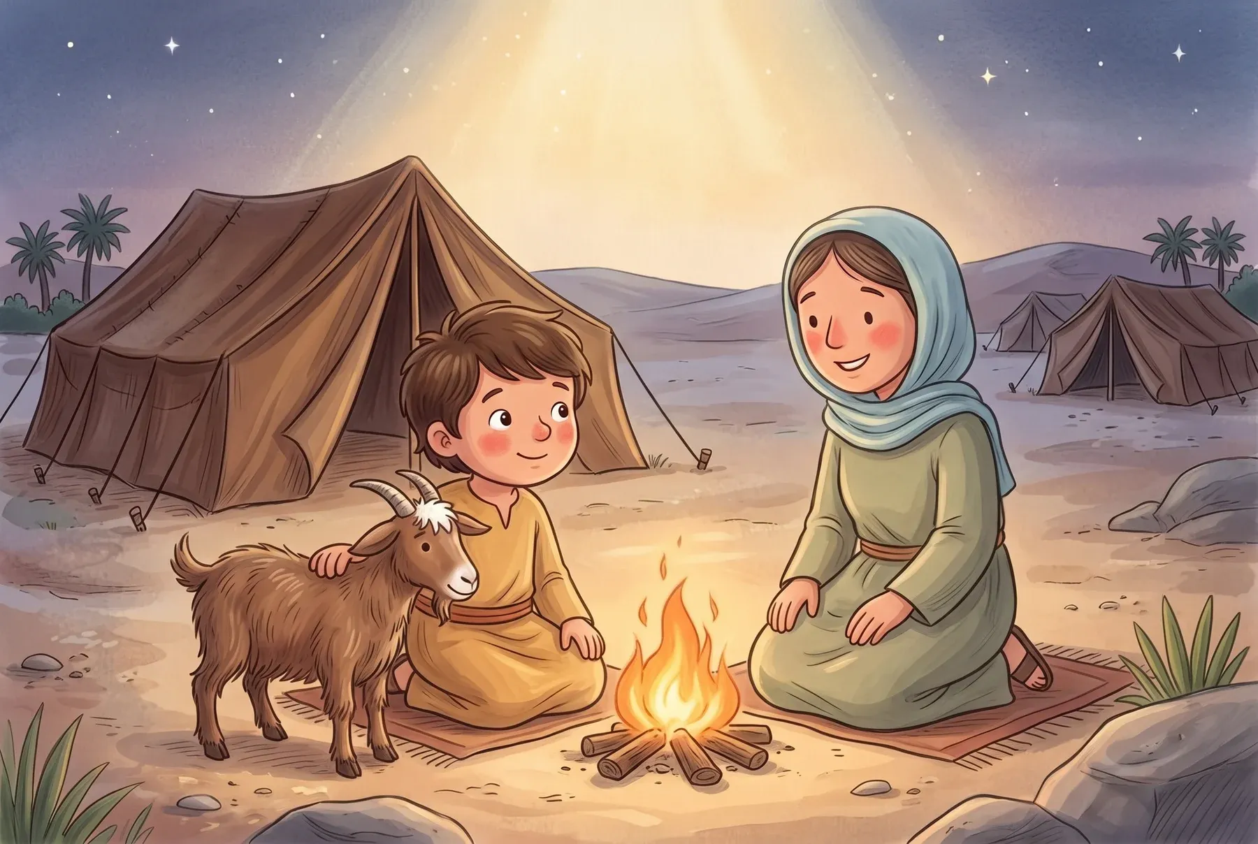 Szene 6: Am Abend sitzt Rafael mit der Ziege Mimi und seiner Mutter an einem kleinen Feuer vor dem Zelt.