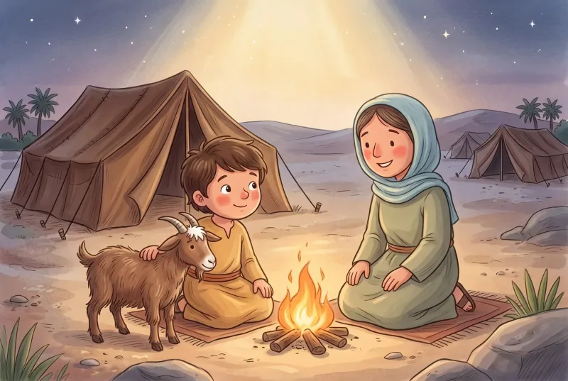 Szene 6: Am Abend sitzt Rafael mit der Ziege Mimi und seiner Mutter an einem kleinen Feuer vor dem Zelt.