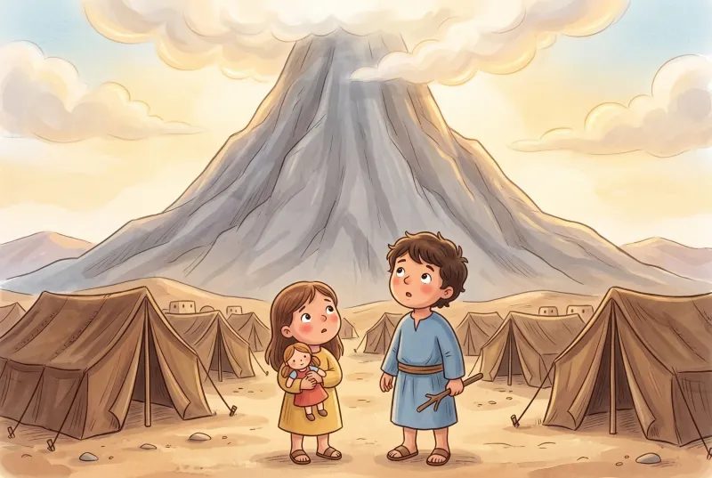 Szene 1: Die kleine Naemi mit ihrer Stoffpuppe im roten Kleid und ihr großer Bruder Joschi stehen vor den Zelten am Fuß des hohen grauen Berges Sinai.