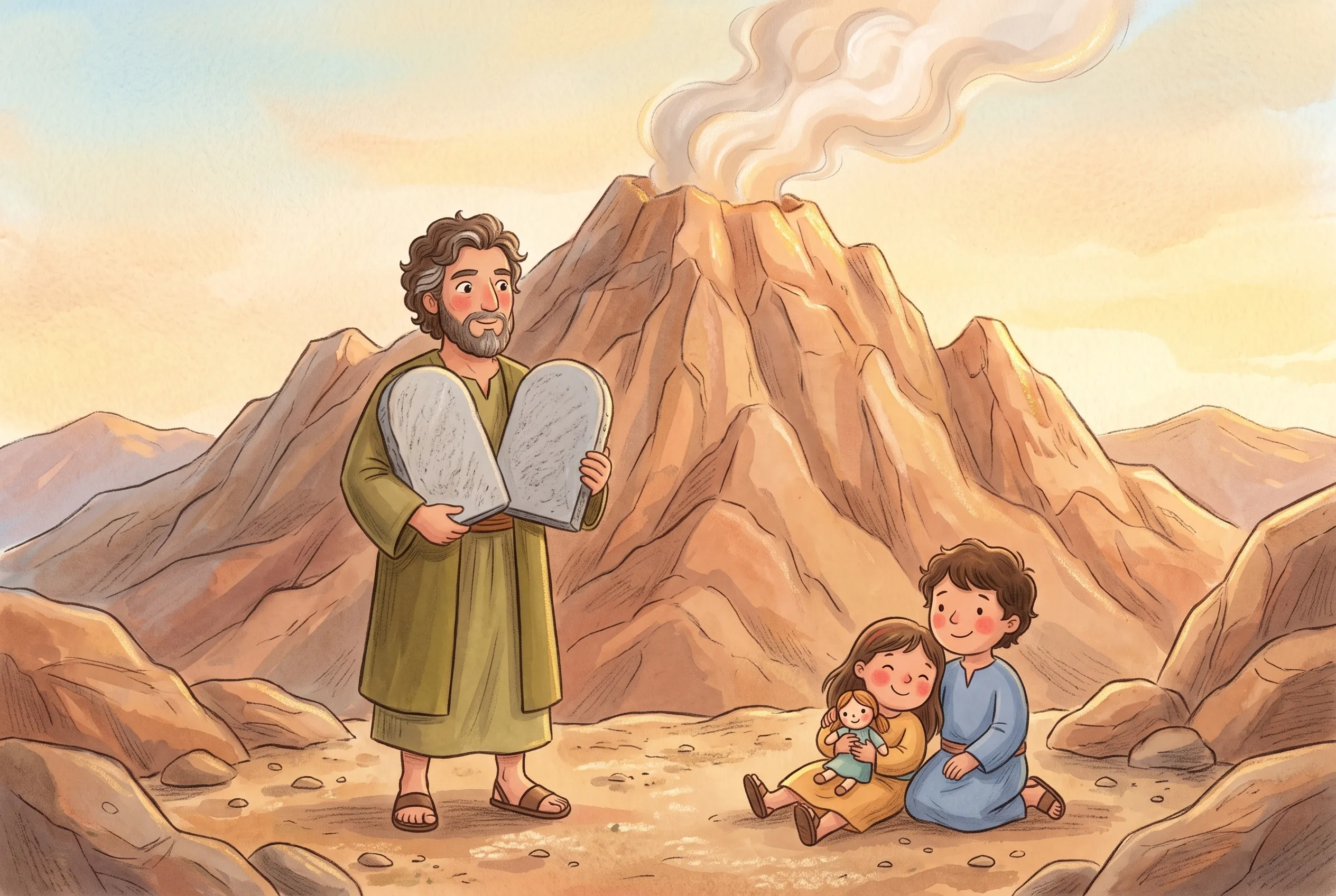 Illustration zu „Zehn gute Worte vom Berg“: Mose steht mit zwei Steintafeln vor dem rauchenden Berg Sinai, vorne sitzt ein kleines Mädchen mit ihrer Puppe an ihren großen Bruder gelehnt.