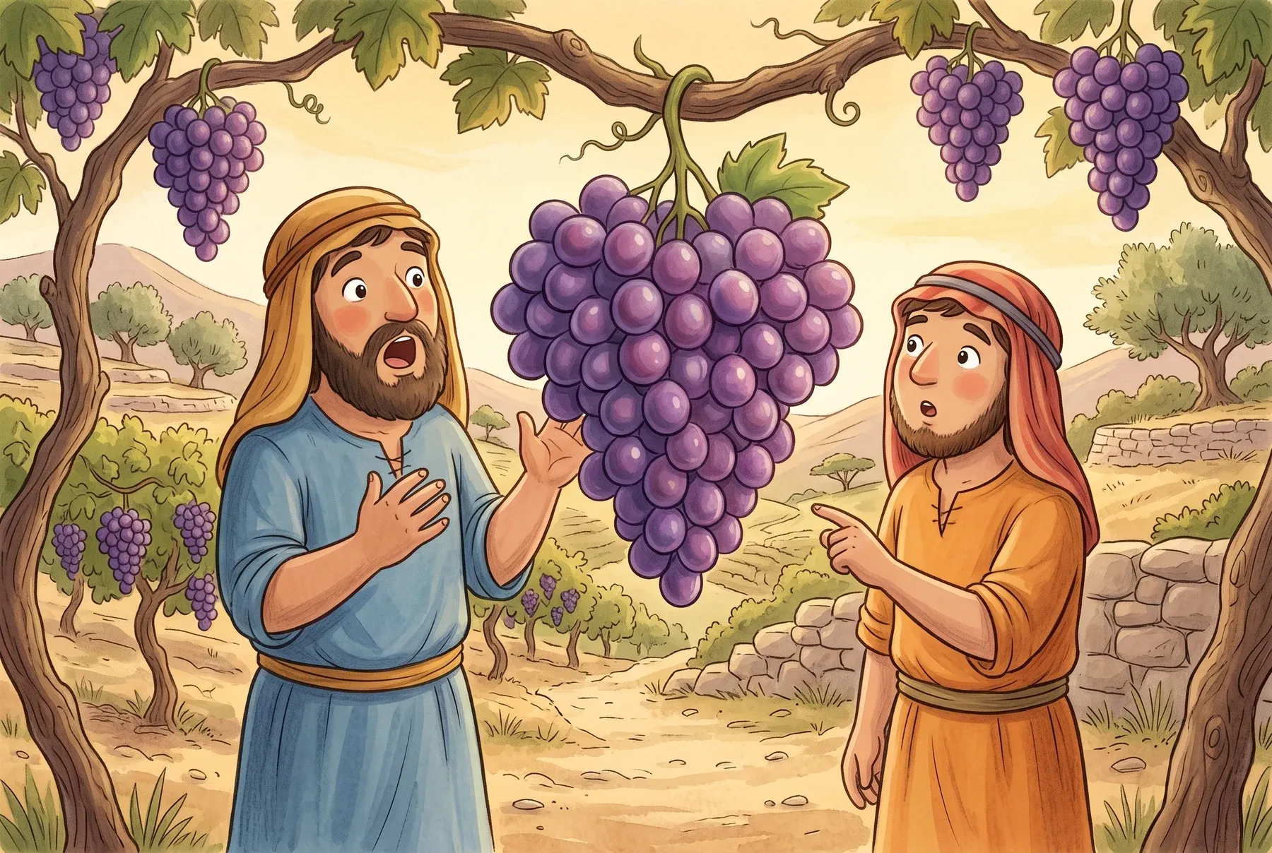 Szene 2: Kaleb und Josua stehen staunend in einem Weinberg vor einer riesigen Weintraube.