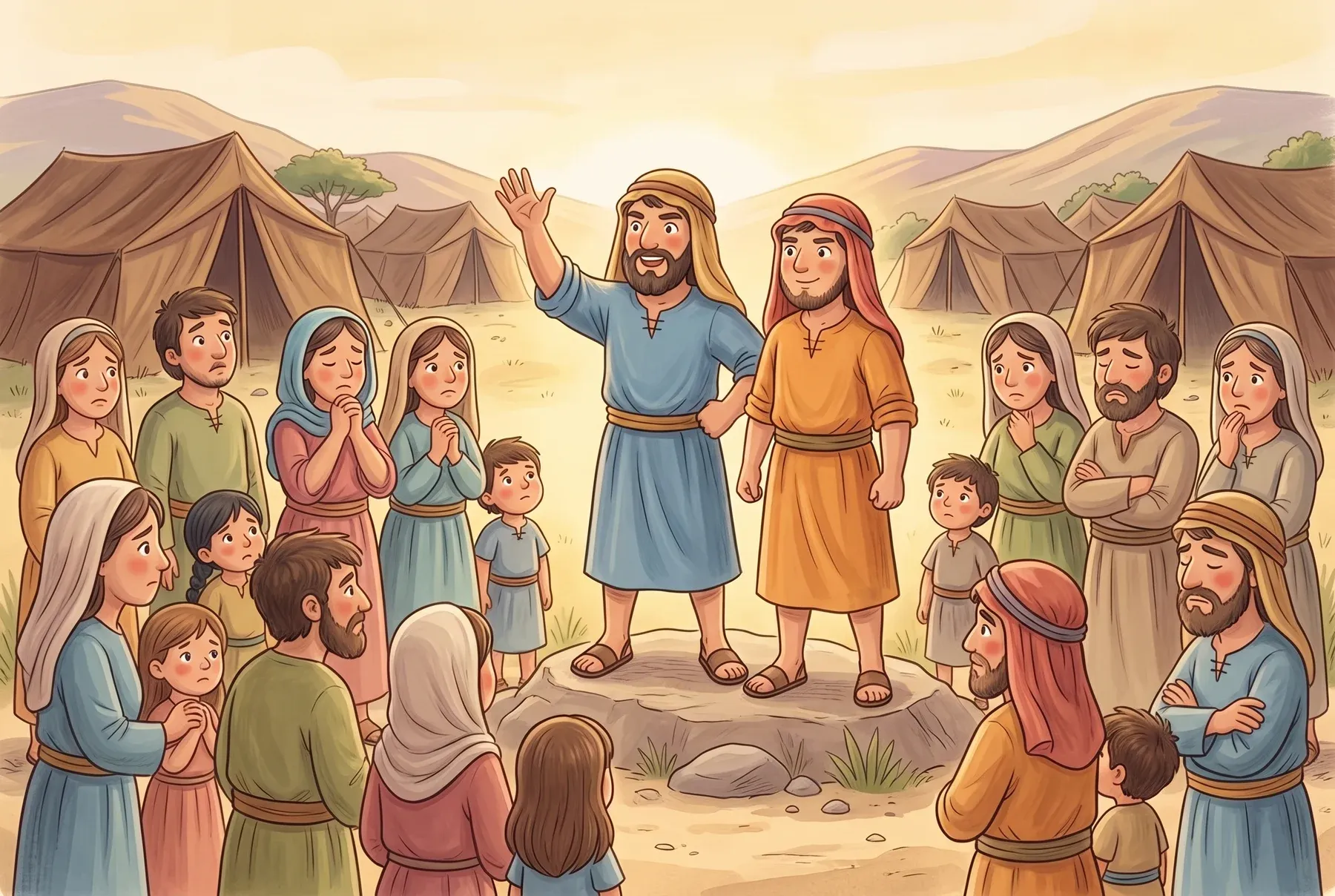 Szene 5: Kaleb und Josua stehen mutig nebeneinander vor der Menge, Kaleb hebt ermutigend die Hand.