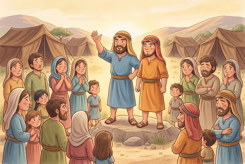 Szene 5: Kaleb und Josua stehen mutig nebeneinander vor der Menge, Kaleb hebt ermutigend die Hand.