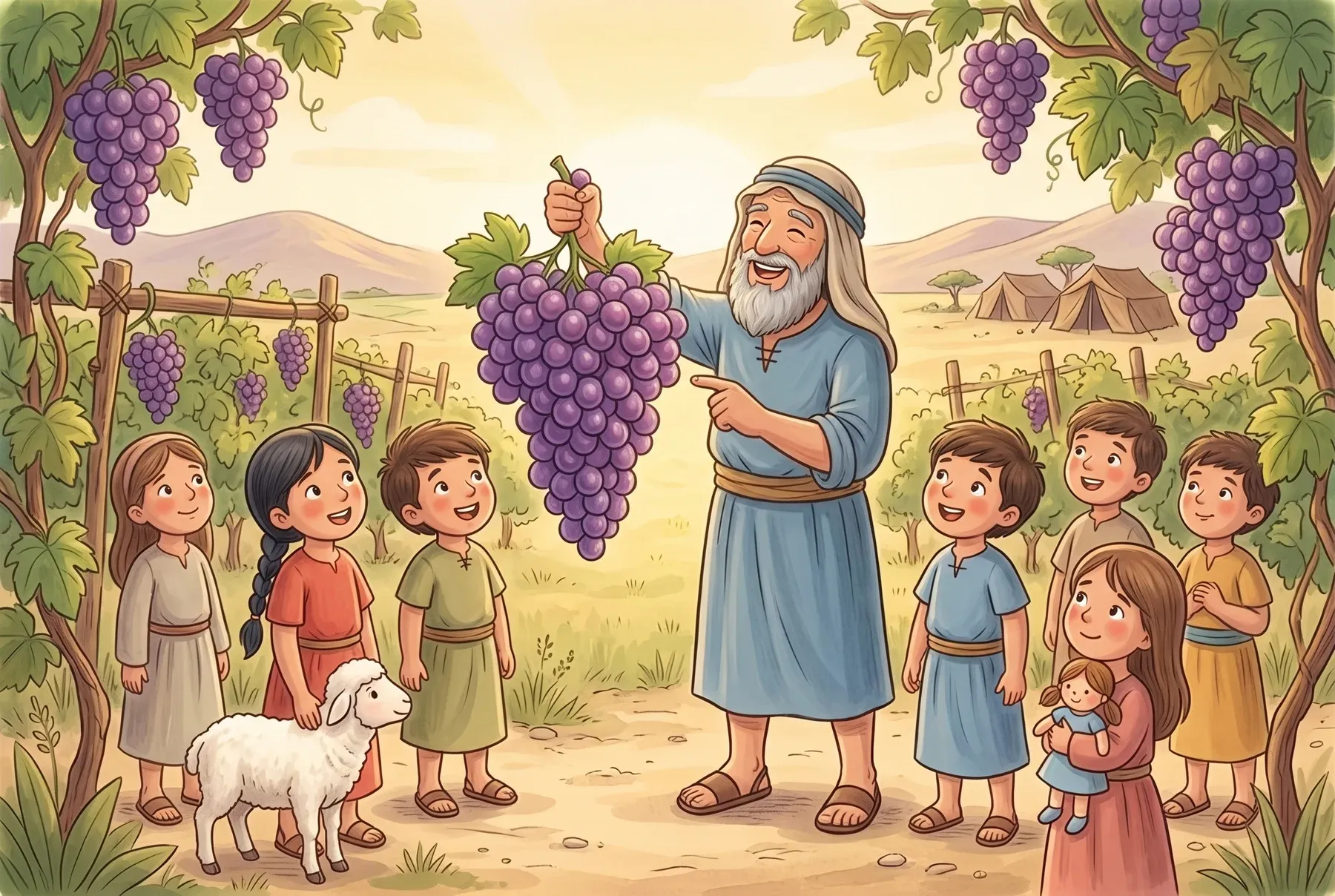 Szene 6: Kaleb, jetzt ein alter Mann mit weißem Bart, pflückt lachend eine dicke Traube im Weinberg, Kinder stehen um ihn herum.