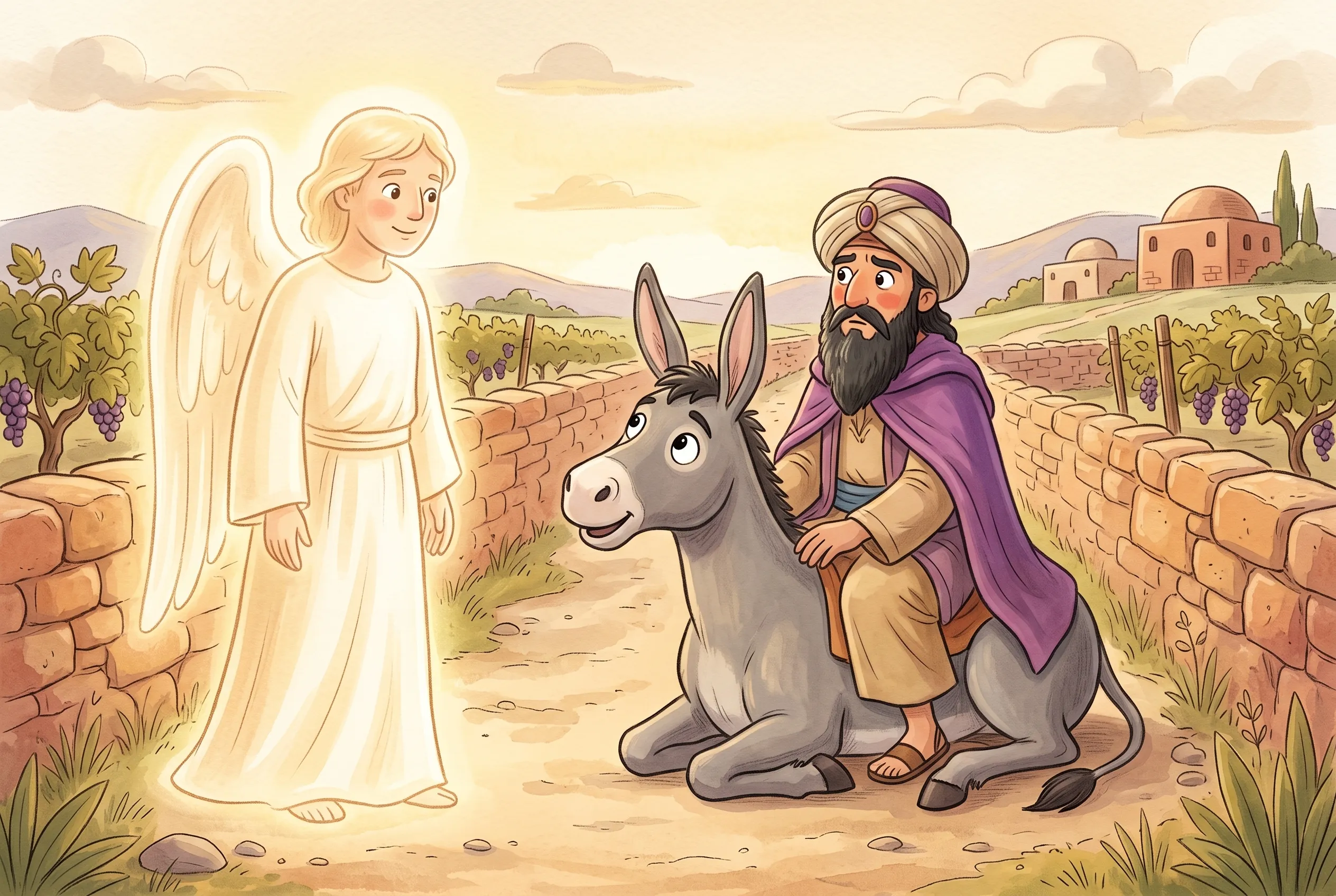 Illustration zu „Bileams Esel sieht mehr“: Eine Eselin liegt mitten auf einem schmalen Weg und schaut mit großen Augen auf einen hellen Engel, auf ihr sitzt verdutzt Bileam, der nichts sieht.
