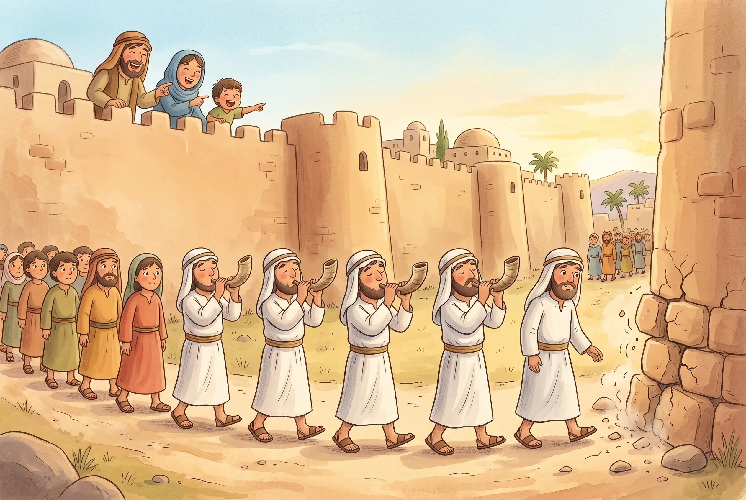 Illustration zu „Die Mauern von Jericho“: Sieben Priester mit Widderhörnern führen einen langen, stillen Zug um die hohe Stadtmauer, oben lachen Leute; im zweiten Bild purzeln die Steine wie Bauklötze.