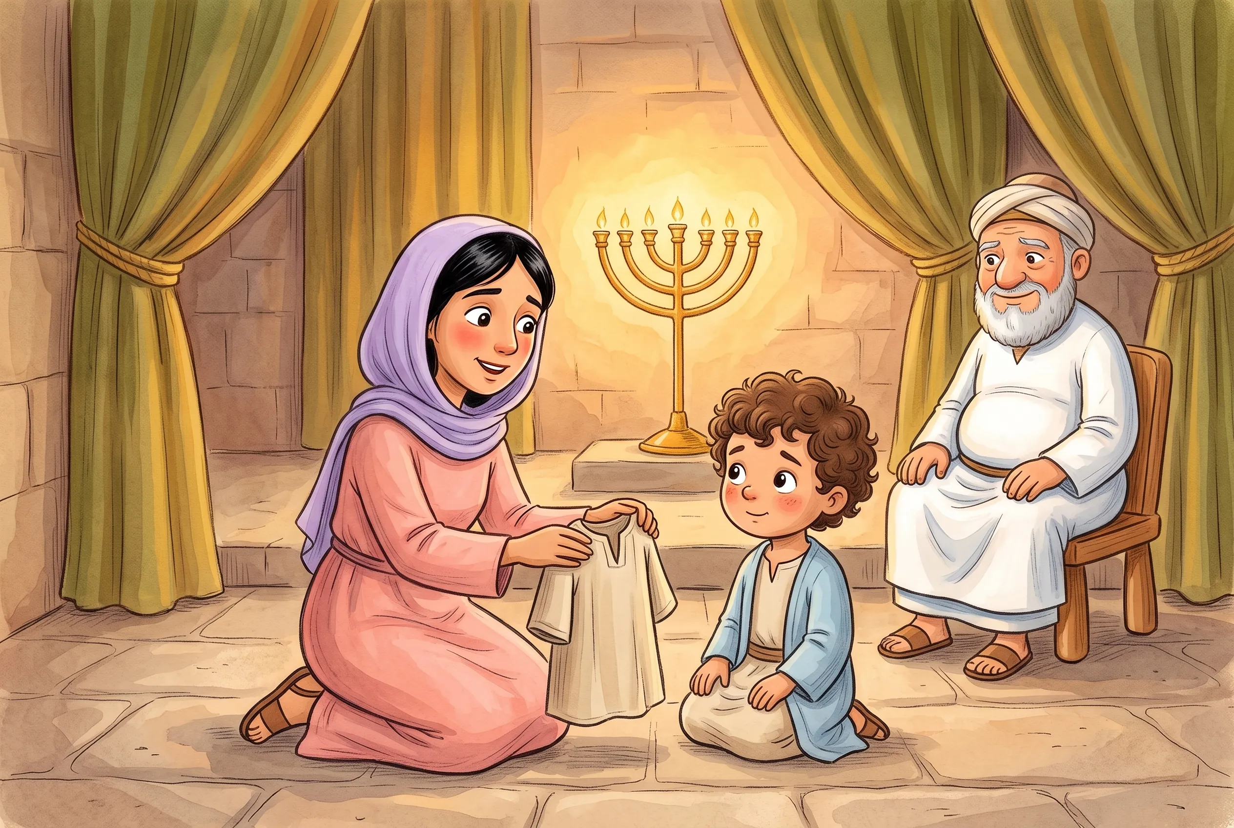 Illustration zu „Hanna bringt Samuel in den Tempel – und jedes Jahr ein neues Röckchen“: Hanna kniet vor dem kleinen Samuel mit braunen Locken und hält ihm ein neues Röckchen hin, im Hintergrund der alte Eli und die siebenarmige Lampe.