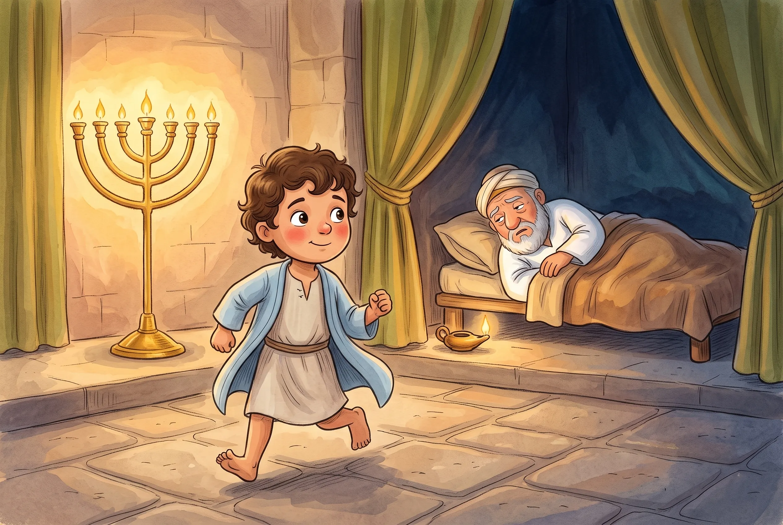 Illustration zu „Der kleine Samuel hört seinen Namen“: Der kleine Samuel läuft barfuß im Nachthemd über den Steinboden des Gotteshauses, hinter ihm flackert die siebenarmige Lampe, vorne blinzelt der alte Eli verschlafen im Bett.