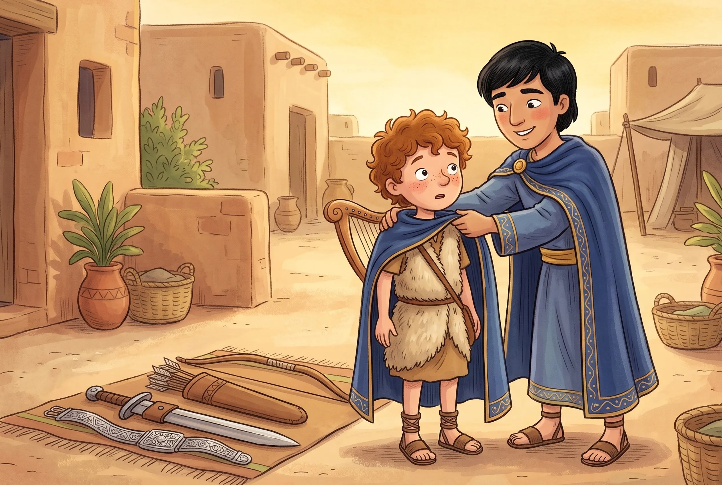 Illustration zu „David und Jonatan, beste Freunde“: Jonatan legt dem staunenden David seinen feinen Prinzenmantel um, daneben liegen Schwert, Bogen und Silbergürtel.