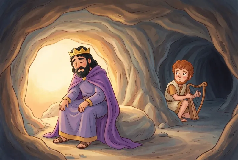 Szene 5: König Saul kommt allein in die Höhle und setzt sich müde vorne am hellen Eingang auf einen Stein.