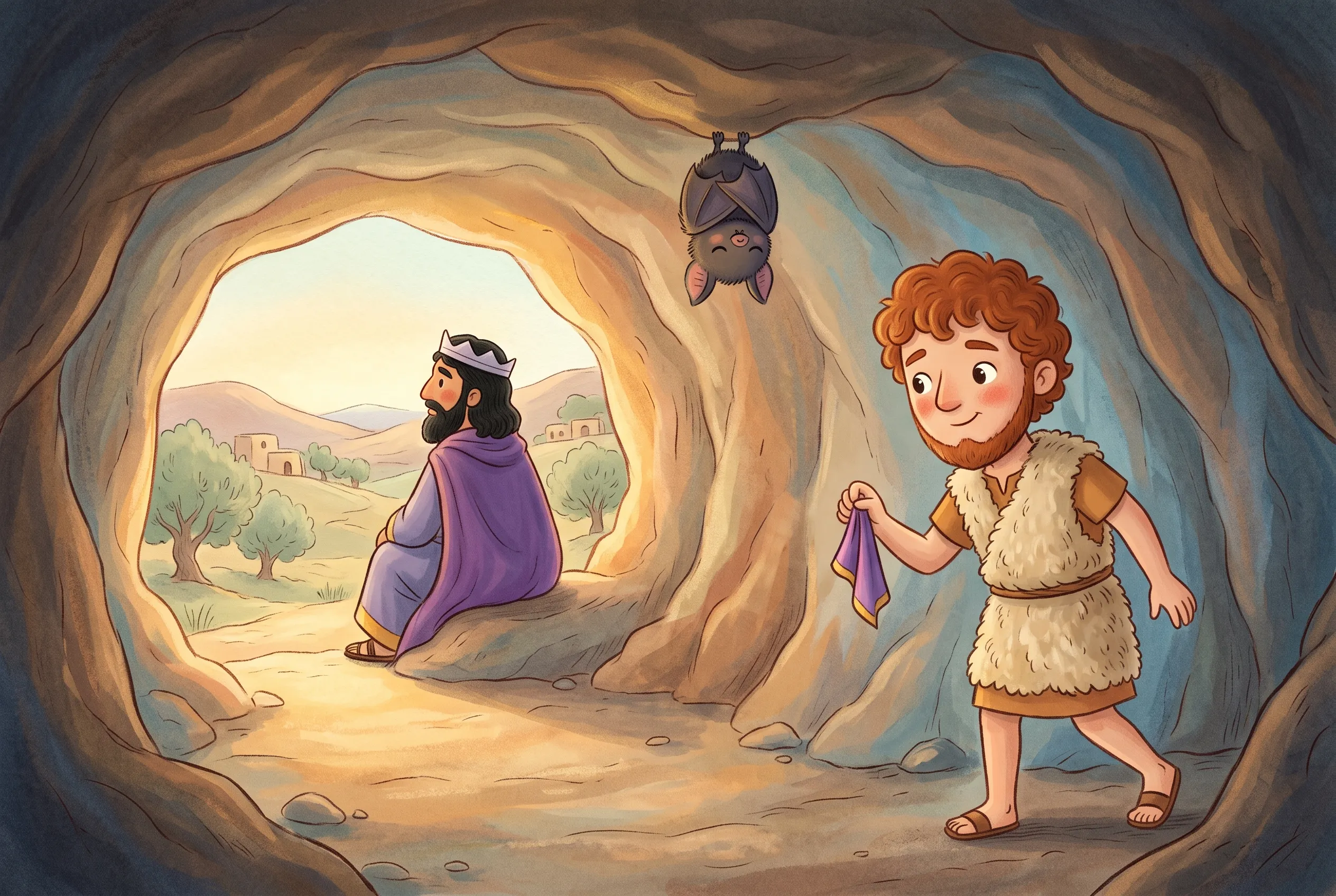 Illustration zu „David in der Höhle – nur ein Zipfel vom Mantel“: In der dunklen Höhle schleicht David auf Zehenspitzen hinter den ahnungslosen König, der am hellen Eingang sitzt; oben hängt eine schlafende Fledermaus.