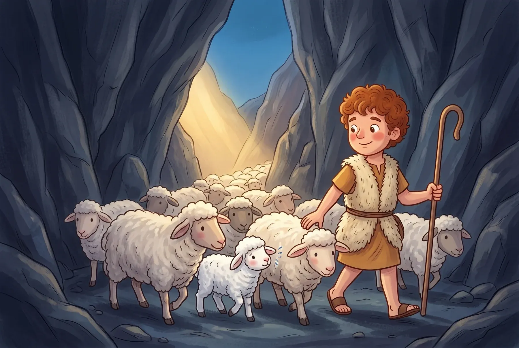 Szene 5: David führt die Schafe durch ein tiefes, enges Tal mit steilen, dunklen Felswänden; die Schafe drängen sich eng zusammen.