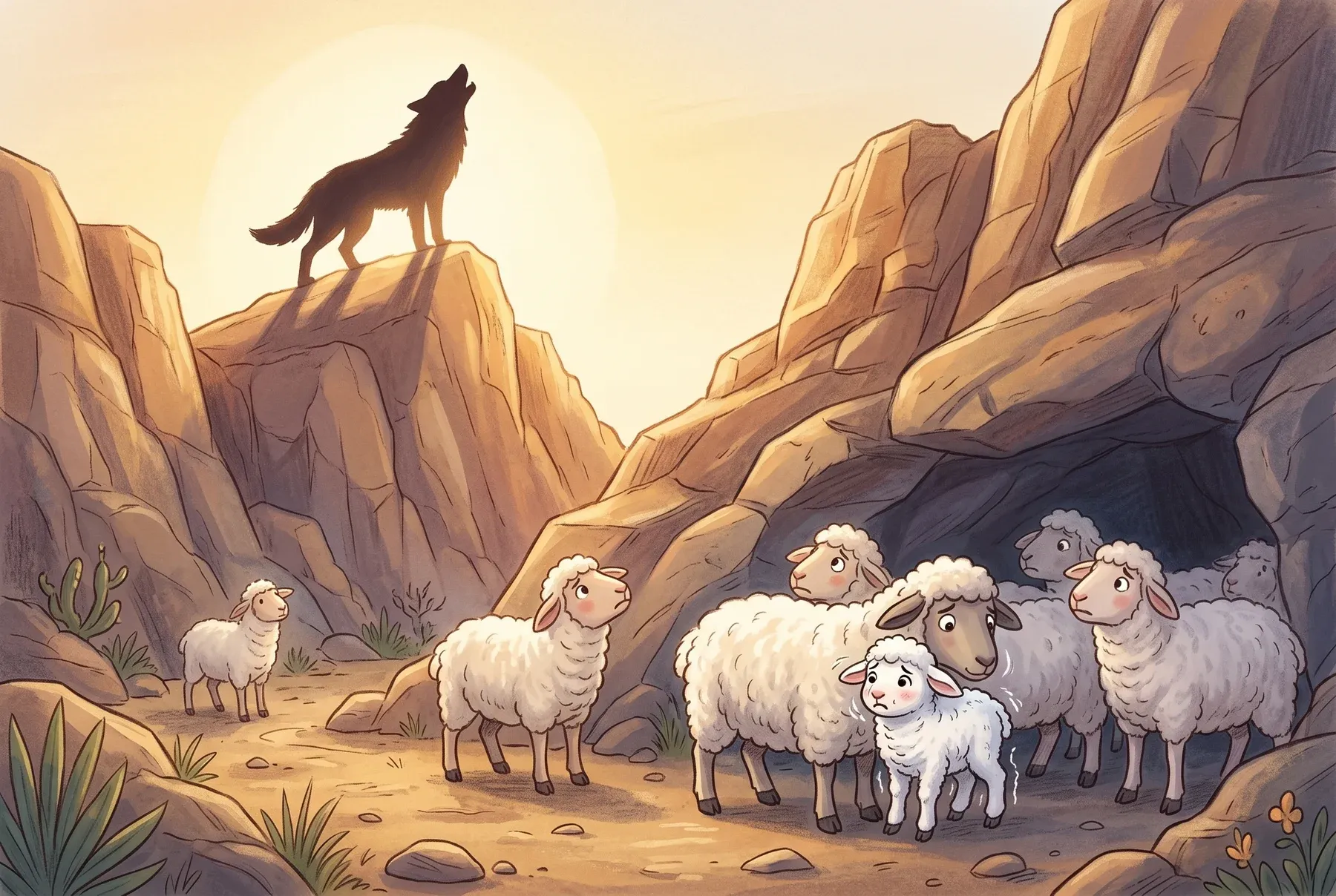 Szene 6: Hoch oben auf dem Felsen der Schatten eines heulenden Wolfs; unten schauen die Schafe ängstlich hinauf, Flöckchen zittert.