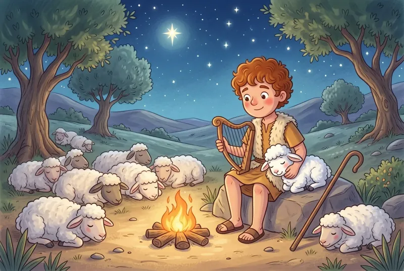 Szene 9: Abends am Feuer: David sitzt mit seiner Harfe bei den schlafenden Schafen, Flöckchen kuschelt sich an ihn, darüber der Sternenhimmel.