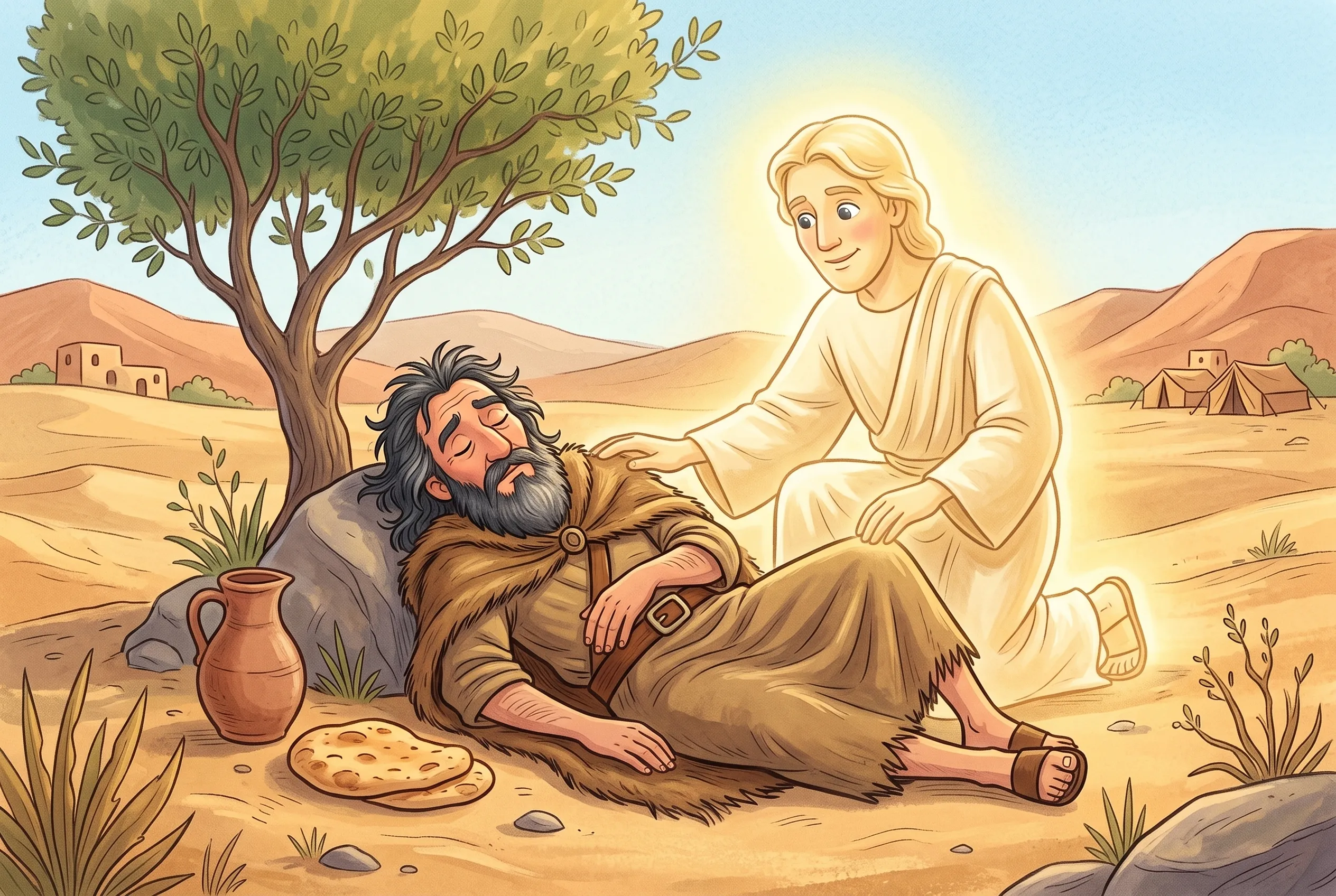 Illustration zu „Gott flüstert ganz leise“: Elia liegt erschöpft unter einem kleinen Ginsterbusch in der Wüste, ein Engel berührt sanft seine Schulter, neben ihm liegen warmes Fladenbrot und ein Wasserkrug.