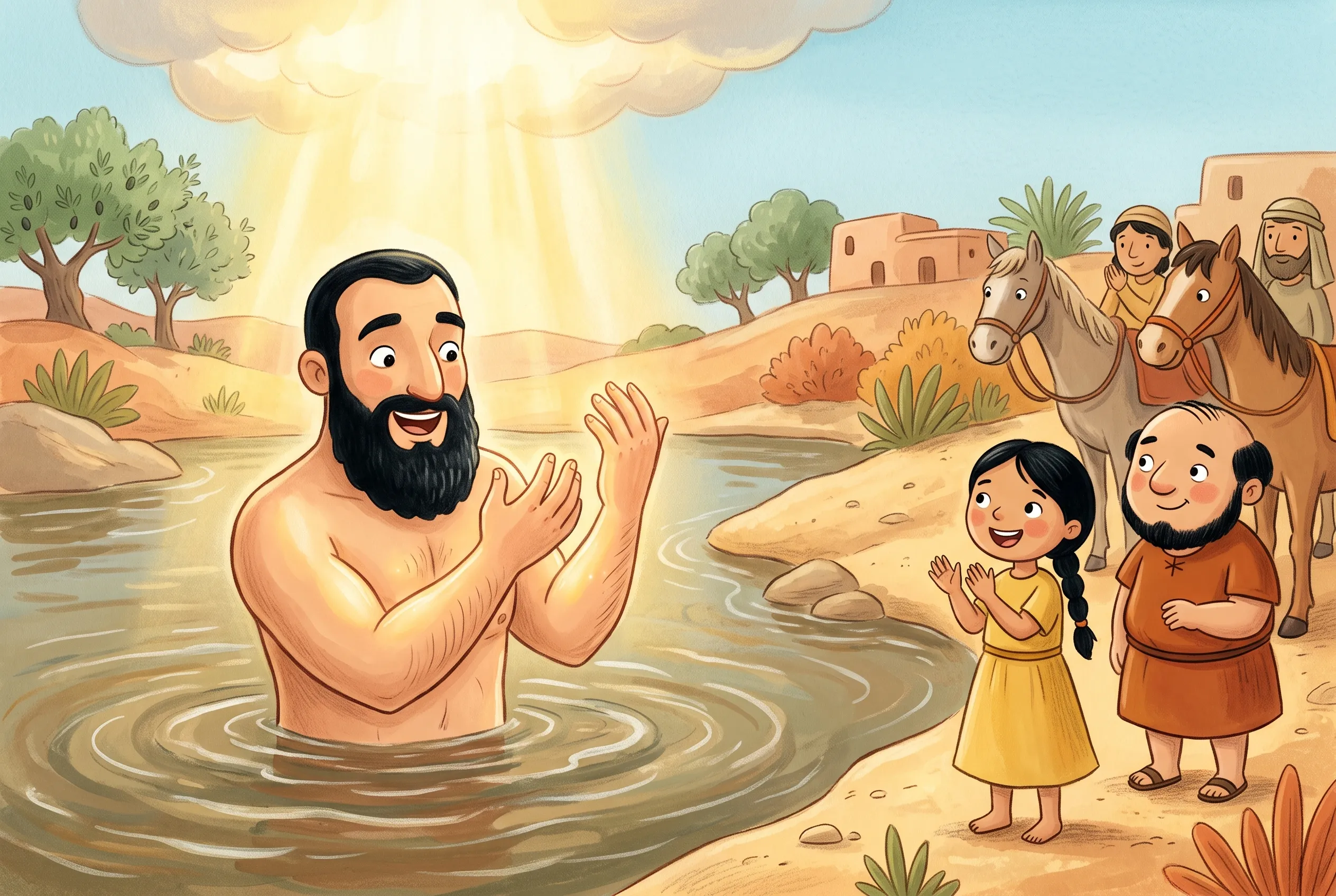 Illustration zu „Das kleine Mädchen, das Naaman hilft“: Naaman steht bis zur Brust im braunen Jordan und bestaunt seine glatten Arme, am Ufer warten Pferde und Diener.