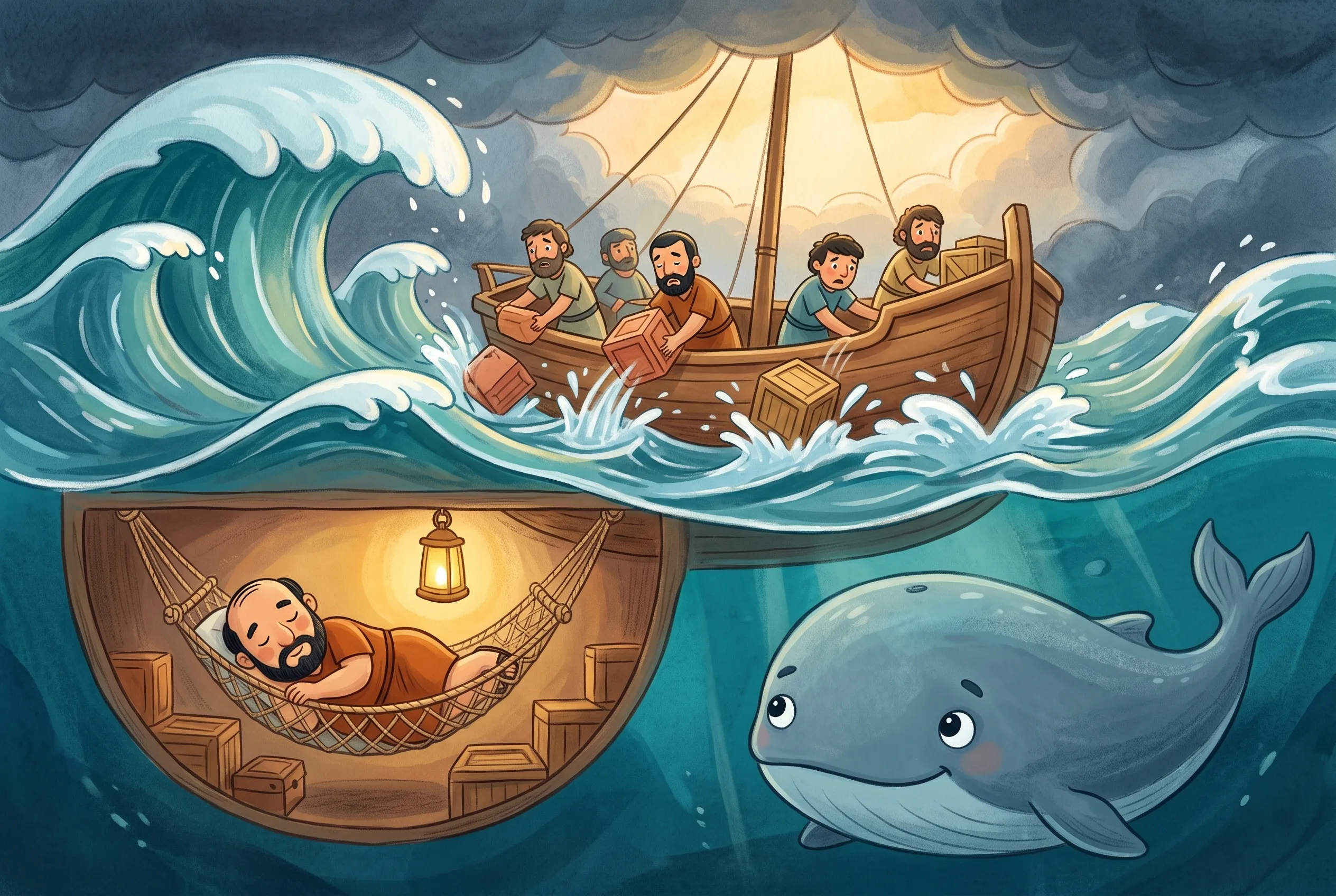 Illustration zu „Jona läuft weg“: Ein kleines Schiff tanzt auf haushohen Wellen, Seeleute werfen Kisten über Bord, unten im Bauch des Schiffes schläft Jona friedlich; im Wasser lauert schon der Umriss eines riesigen Fisches.