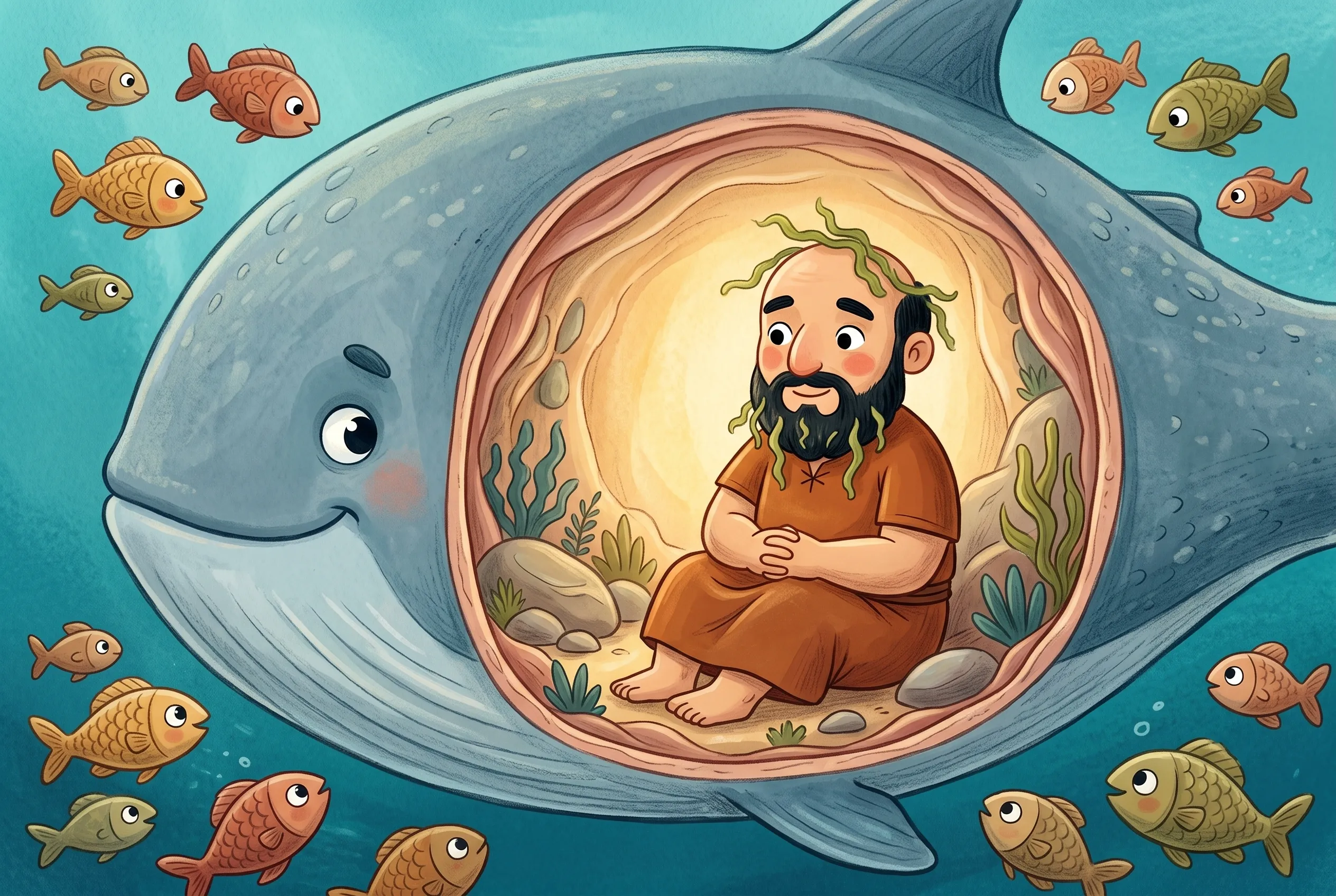 Illustration zu „Jona im großen Fisch“: Querschnitt durch den riesigen Fisch: drinnen sitzt Jona mit Seetang im Haar und gefalteten Händen, draußen schwimmen neugierige kleine Fische vorbei.