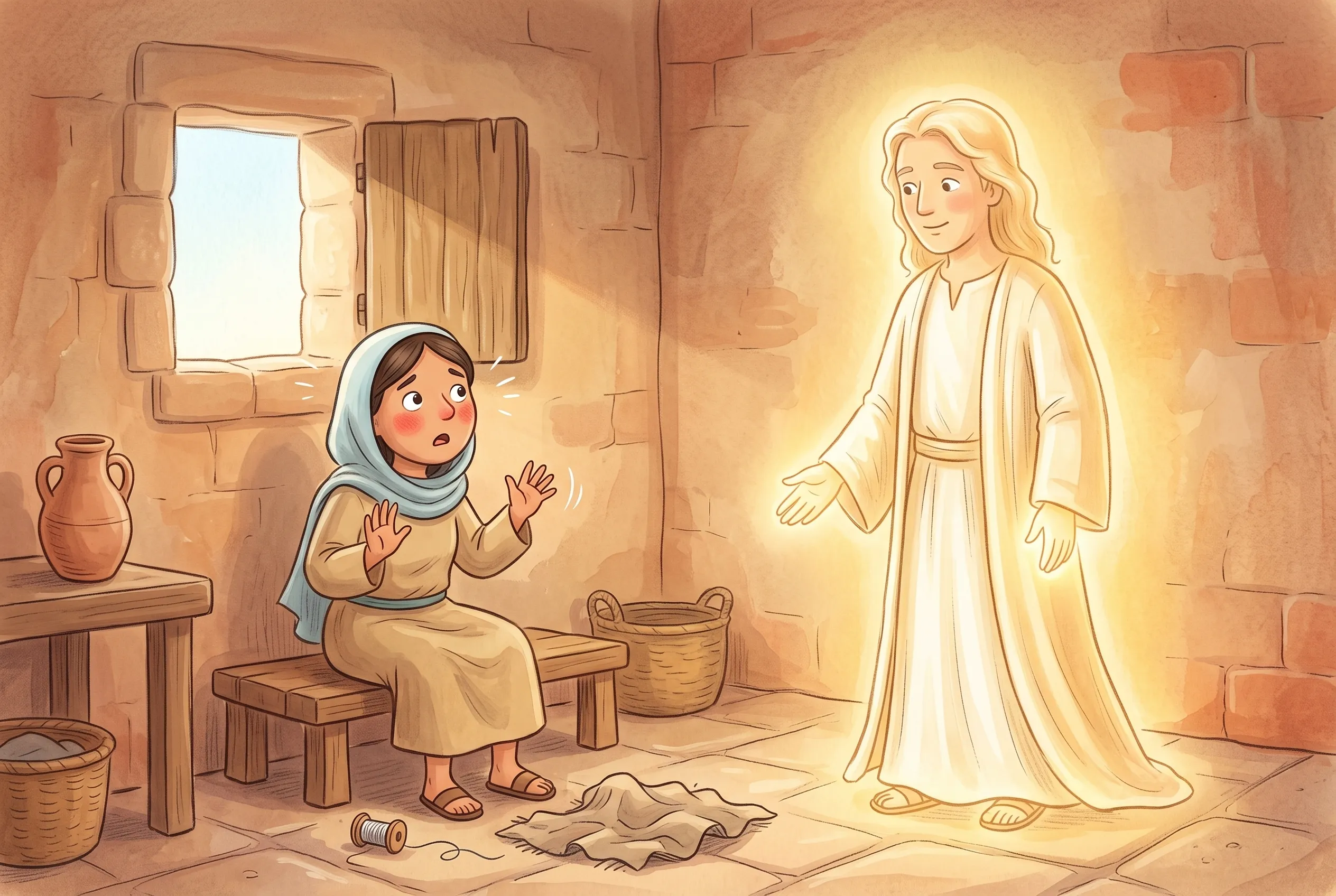 Illustration zu „Der Engel besucht Maria“: Ein schlichtes Zimmer in einem Steinhaus, Licht flutet herein, Maria sitzt erschrocken am Fenster, das Flicktuch ist ihr aus den Händen gefallen, vor ihr steht der Engel Gabriel.